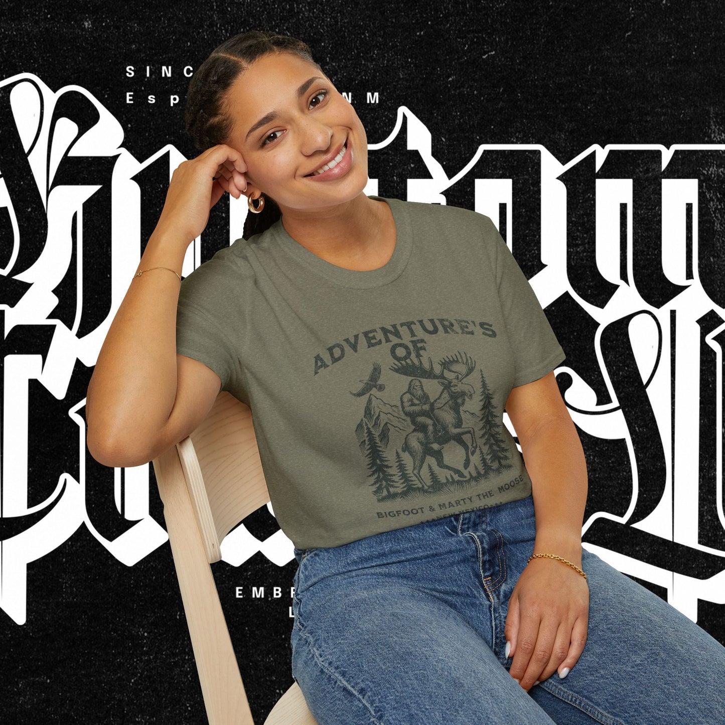 Adventure's of Bigfoot & Marty The Moose Unisex T-Shirt, Travel Tee, Outdoor Graphic Shirt, Nature Lover Gift, Moose Adventure Apparel