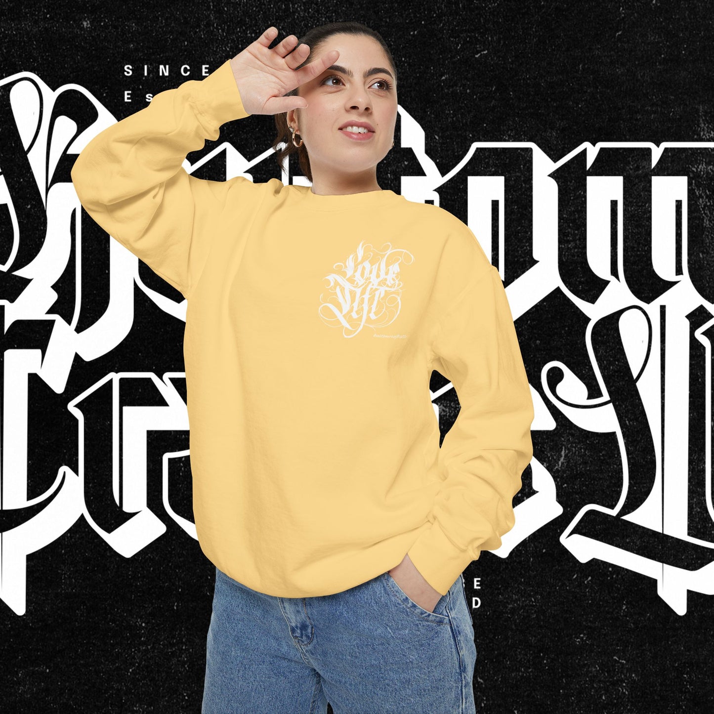 Love Life Graffiti Garment-Dyed Sweatshirt for Cozy Days, Unisex Comfortable Crewneck, Perfect Gift for Birthdays, Holidays, Casual Wear