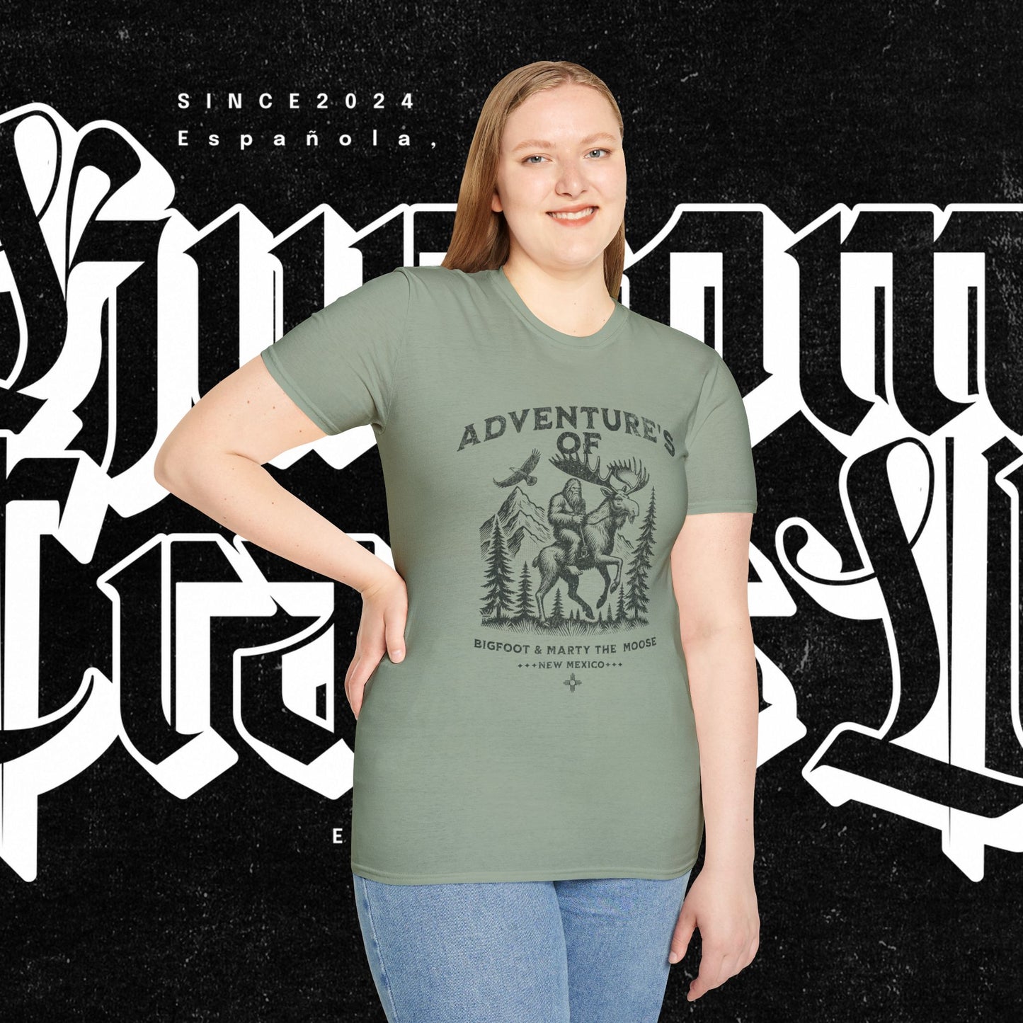 Adventure's of Bigfoot & Marty The Moose Unisex T-Shirt, Travel Tee, Outdoor Graphic Shirt, Nature Lover Gift, Moose Adventure Apparel