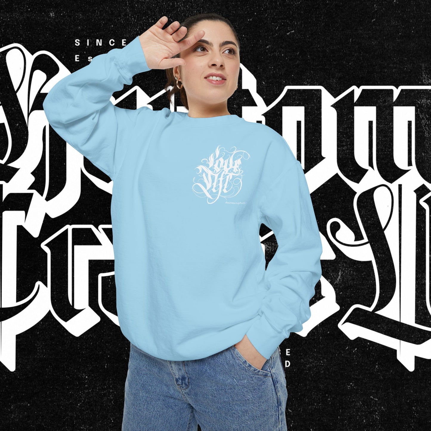 Love Life Graffiti Garment-Dyed Sweatshirt for Cozy Days, Unisex Comfortable Crewneck, Perfect Gift for Birthdays, Holidays, Casual Wear