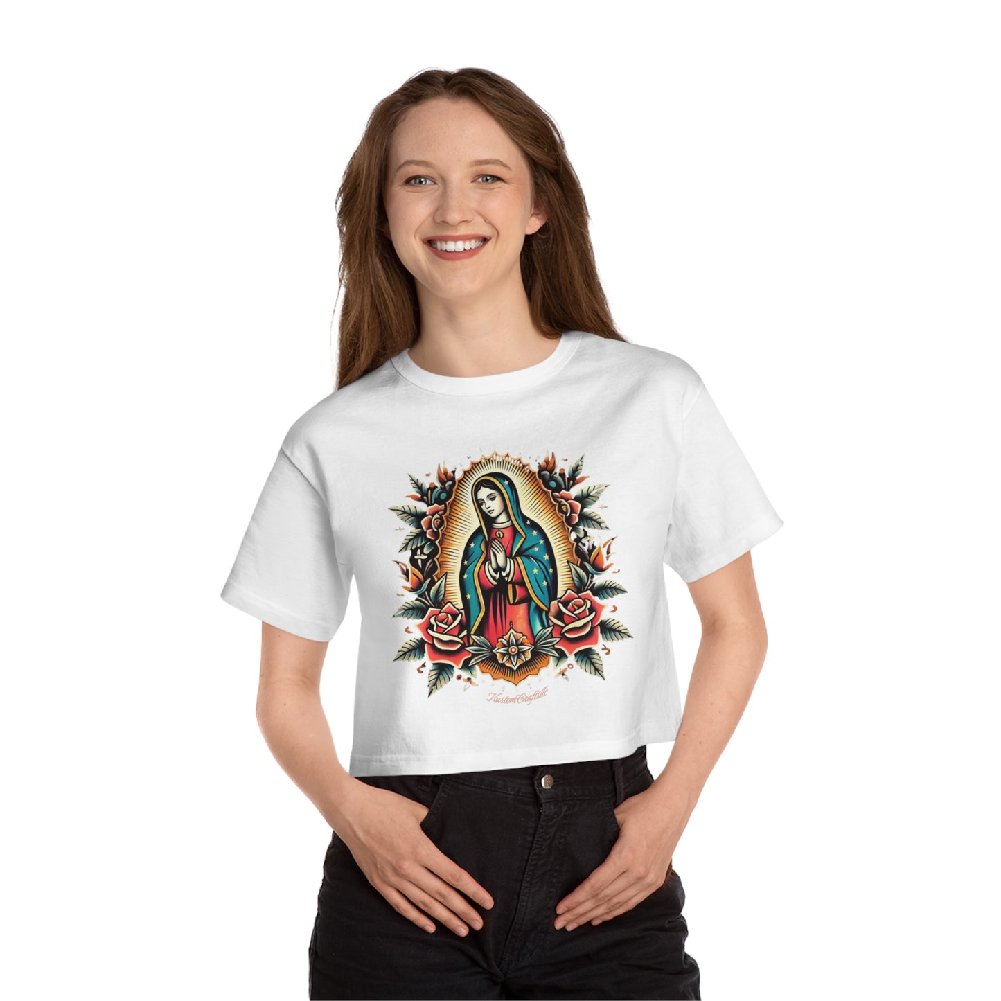 Cropped T-Shirt with Virgin Mary Design, Cute Graphic Tee, Spiritual Apparel, Casual Wear, Gift for Believers, Trendy Summer Top