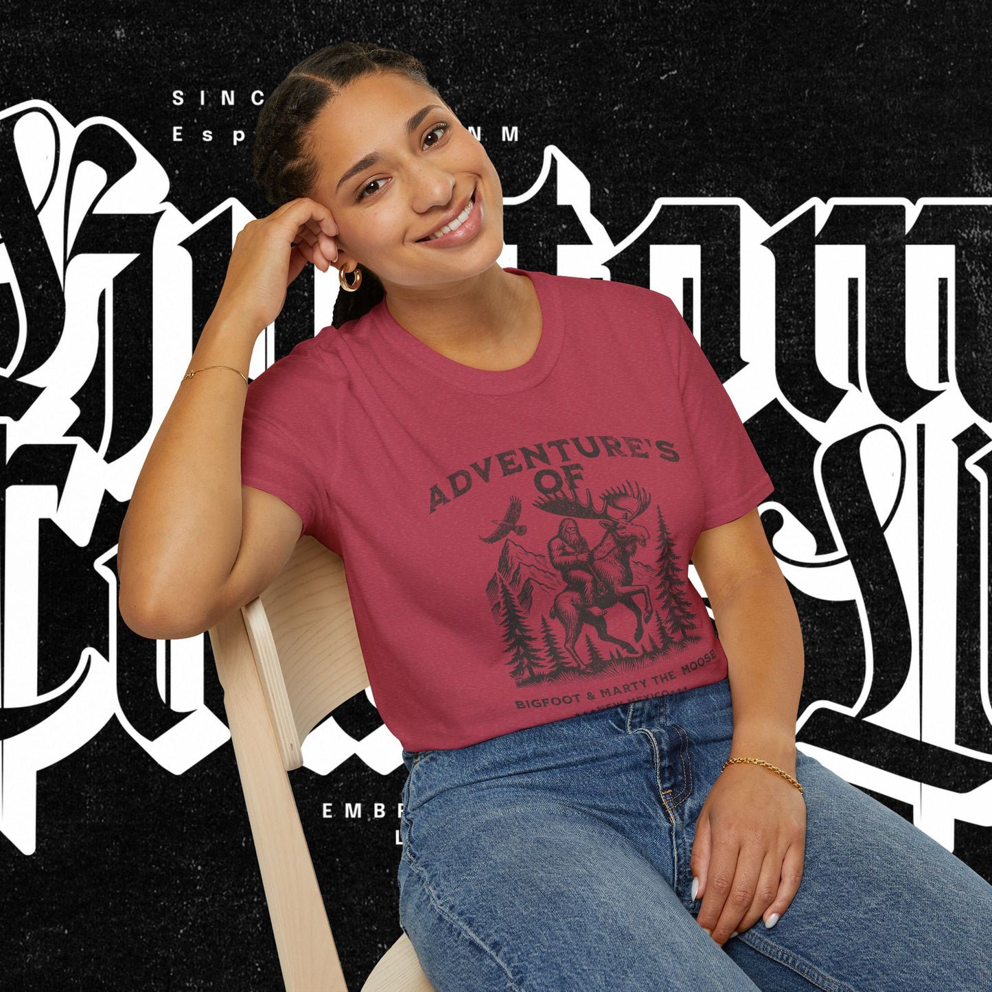 Adventure's of Bigfoot & Marty The Moose Unisex T-Shirt, Travel Tee, Outdoor Graphic Shirt, Nature Lover Gift, Moose Adventure Apparel