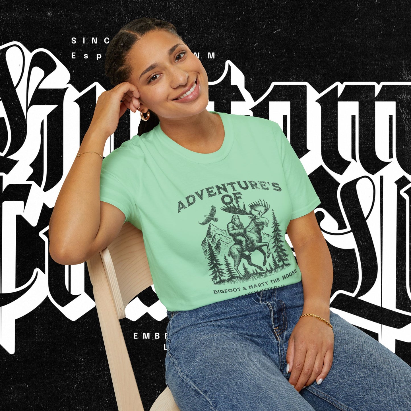 Adventure's of Bigfoot & Marty The Moose Unisex T-Shirt, Travel Tee, Outdoor Graphic Shirt, Nature Lover Gift, Moose Adventure Apparel