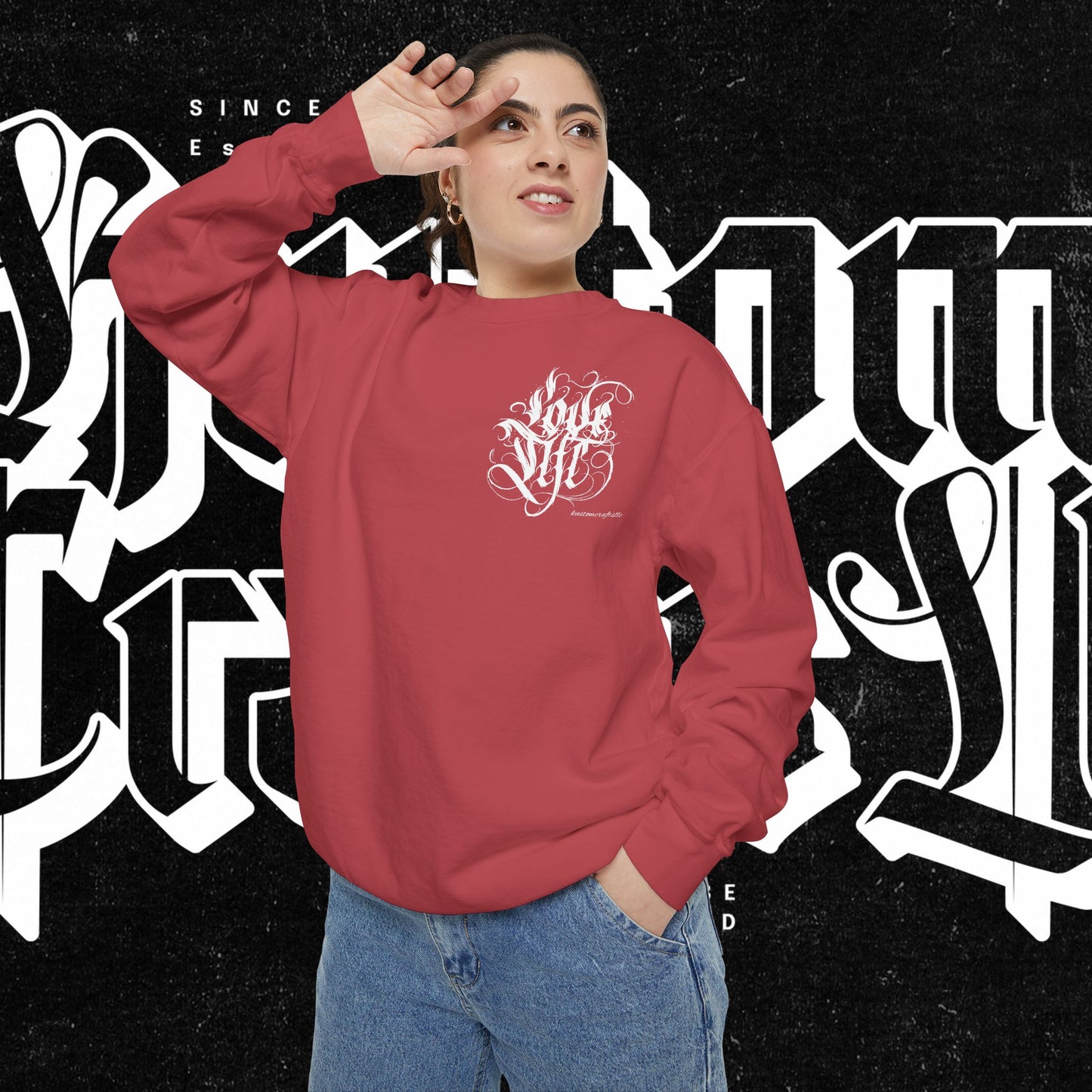 Love Life Graffiti Garment-Dyed Sweatshirt for Cozy Days, Unisex Comfortable Crewneck, Perfect Gift for Birthdays, Holidays, Casual Wear