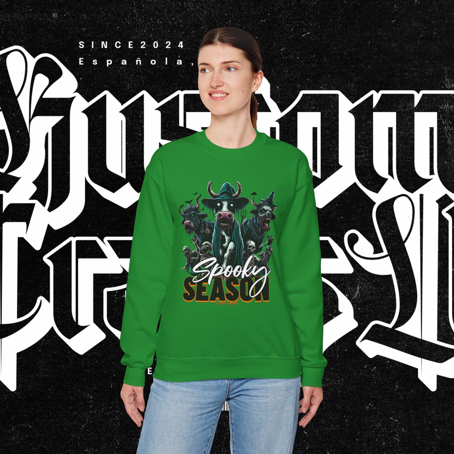 Spooky Cow Season Crewneck Sweatshirt, Halloween Apparel, Unisex Halloween Sweatshirt, Cozy Fall Fashion, Unique Gift Idea