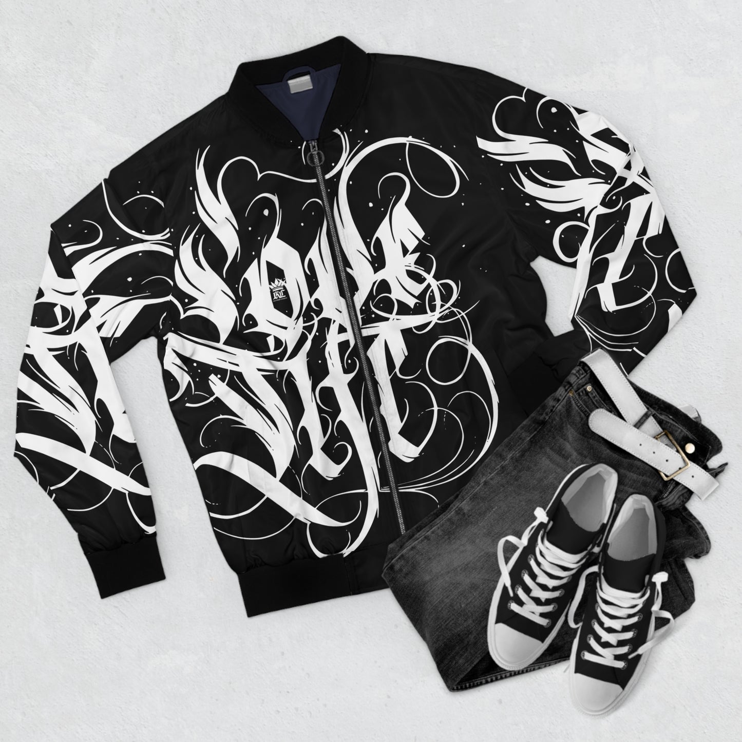 Bomber Jacket, Street Style "Love Life" Graffiti Urban Fashion Outerwear, Trendy Black Jacket, Graphic Print Gift, Valentine's Style Wear, Unisex Apparel