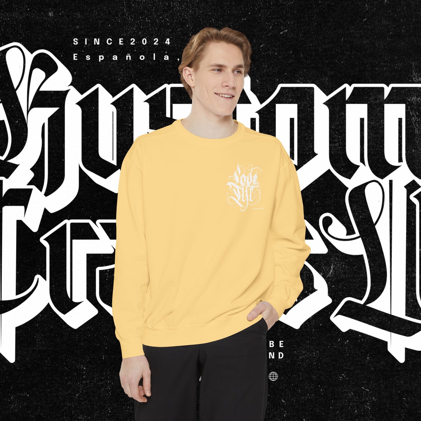 Love Life Graffiti Garment-Dyed Sweatshirt for Cozy Days, Unisex Comfortable Crewneck, Perfect Gift for Birthdays, Holidays, Casual Wear