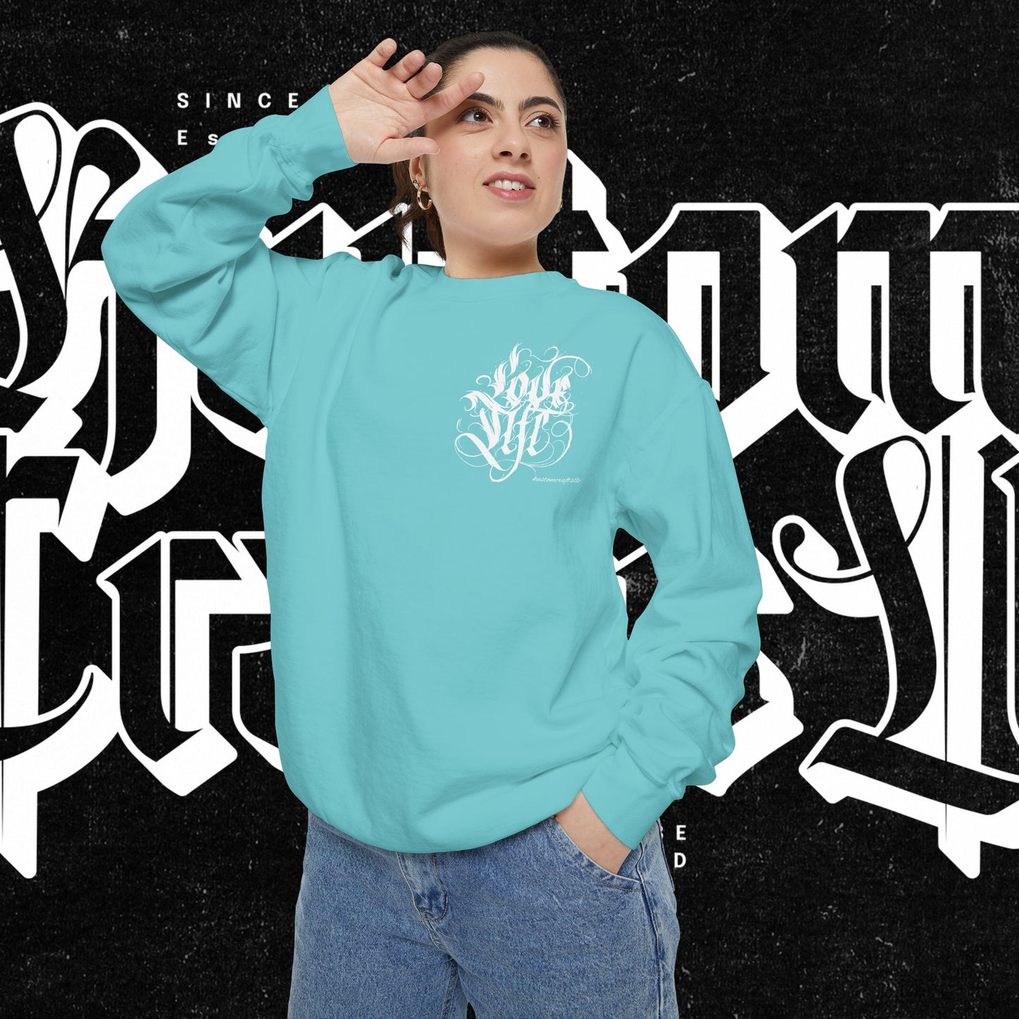 Love Life Graffiti Garment-Dyed Sweatshirt for Cozy Days, Unisex Comfortable Crewneck, Perfect Gift for Birthdays, Holidays, Casual Wear