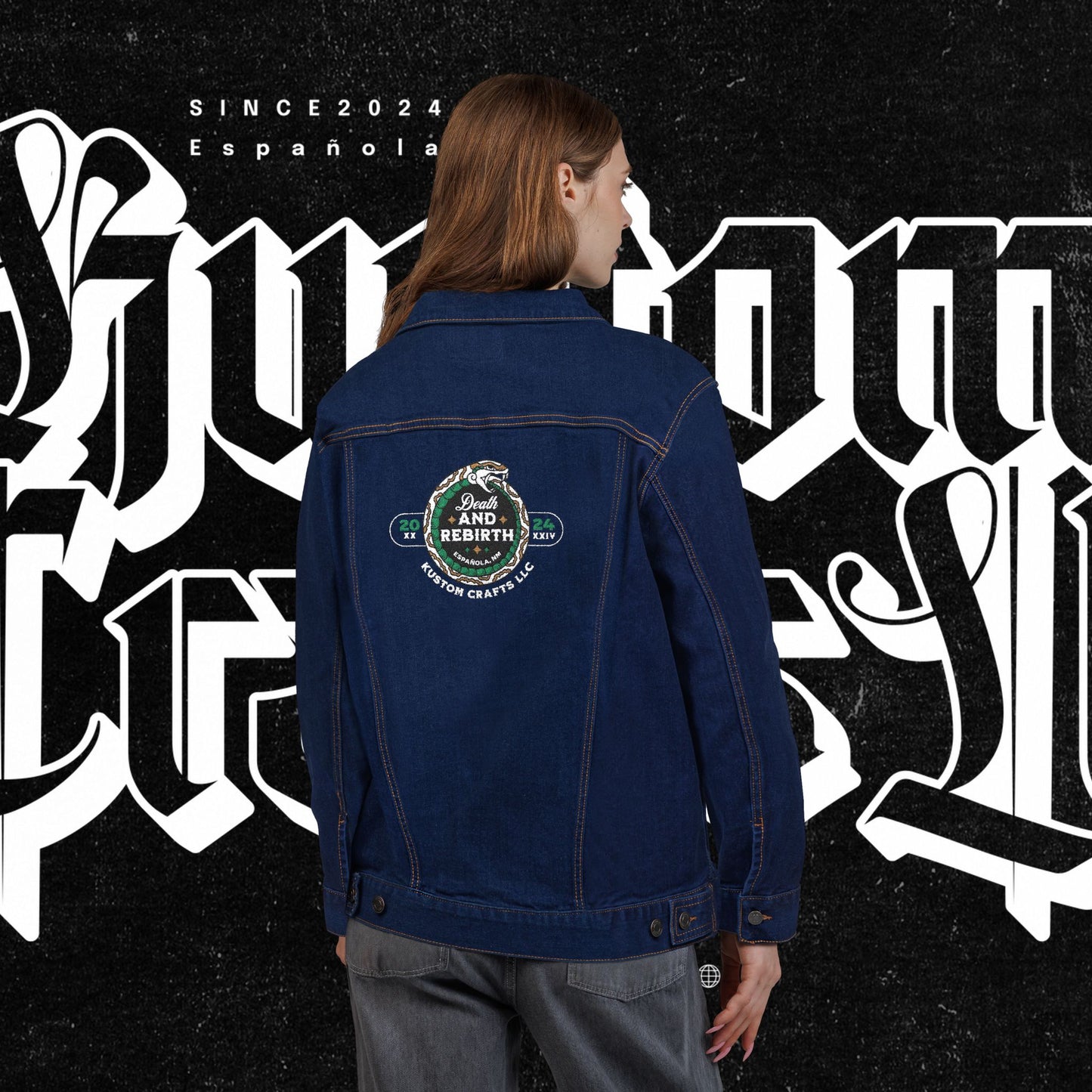 Embroidery Denim Jacket - Death and Rebirth Snake Design
