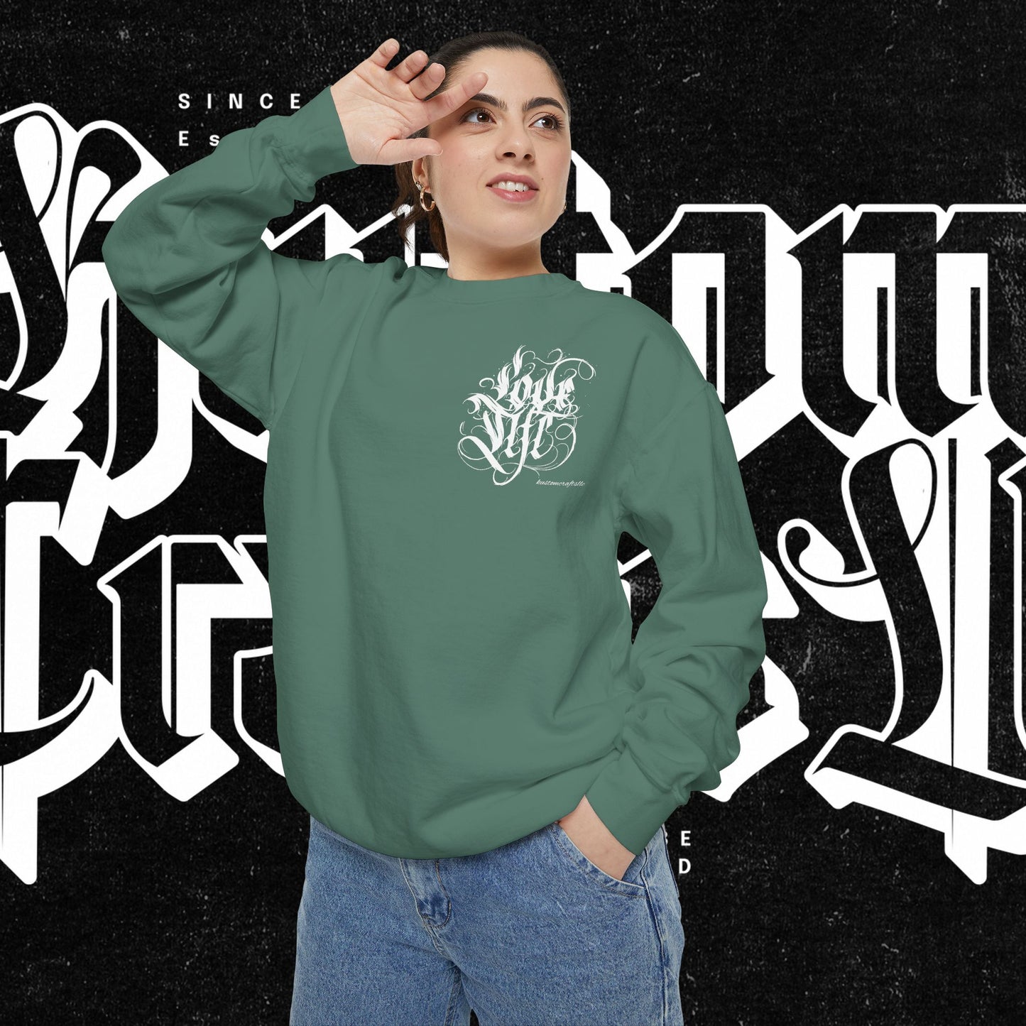 Love Life Graffiti Garment-Dyed Sweatshirt for Cozy Days, Unisex Comfortable Crewneck, Perfect Gift for Birthdays, Holidays, Casual Wear