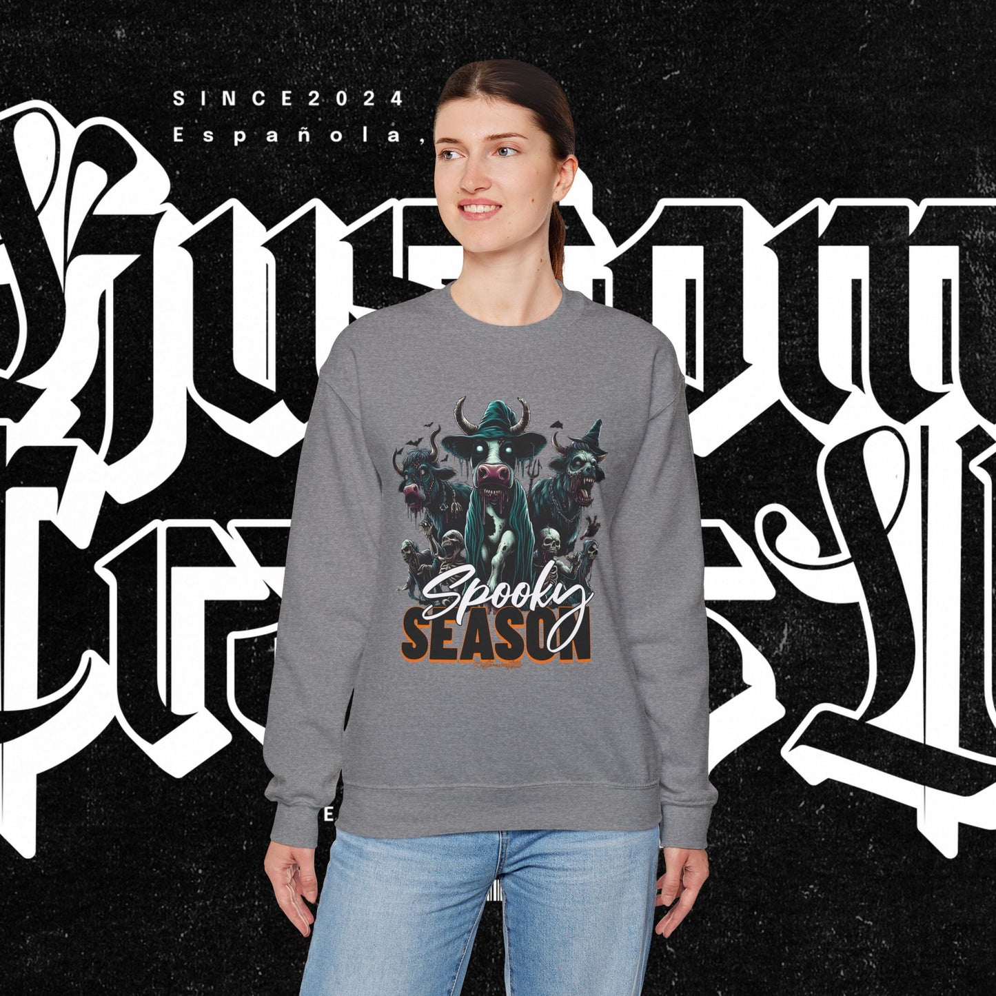 Spooky Cow Season Crewneck Sweatshirt, Halloween Apparel, Unisex Halloween Sweatshirt, Cozy Fall Fashion, Unique Gift Idea