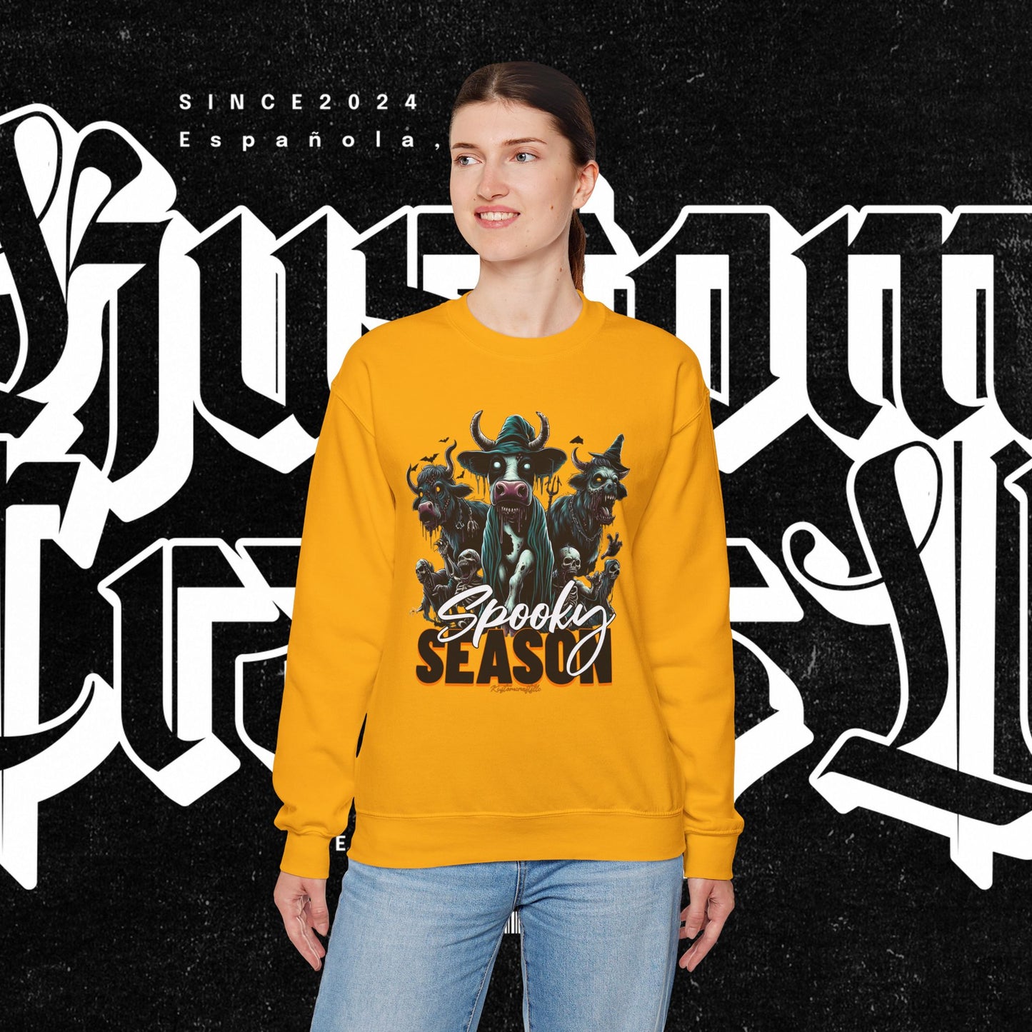 Spooky Cow Season Crewneck Sweatshirt, Halloween Apparel, Unisex Halloween Sweatshirt, Cozy Fall Fashion, Unique Gift Idea