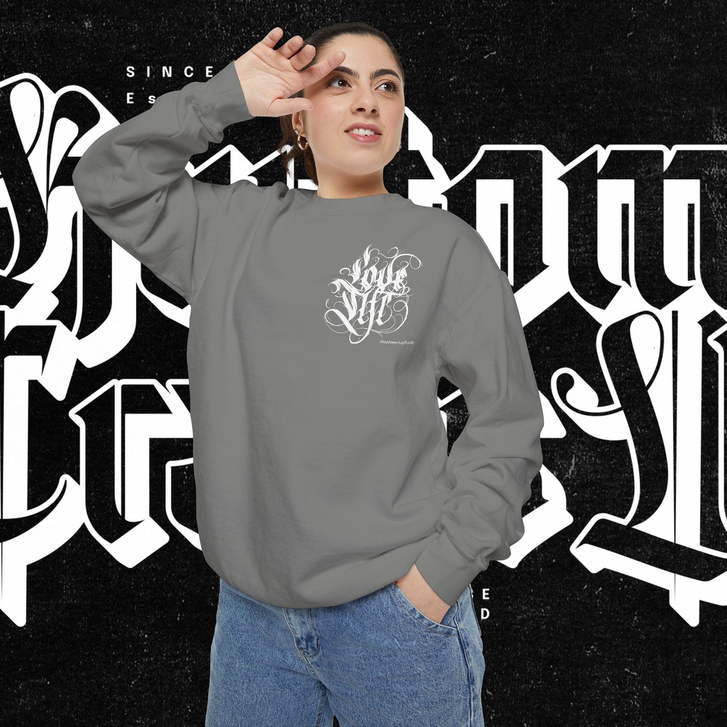 Love Life Graffiti Garment-Dyed Sweatshirt for Cozy Days, Unisex Comfortable Crewneck, Perfect Gift for Birthdays, Holidays, Casual Wear