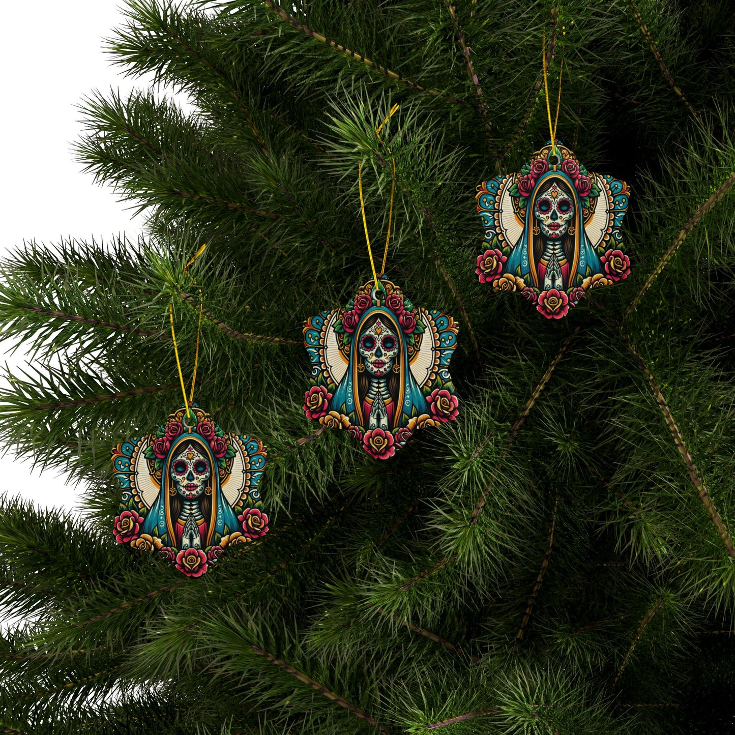 Ceramic Ornaments - Dia de los Muertos Virgin Mary Themed