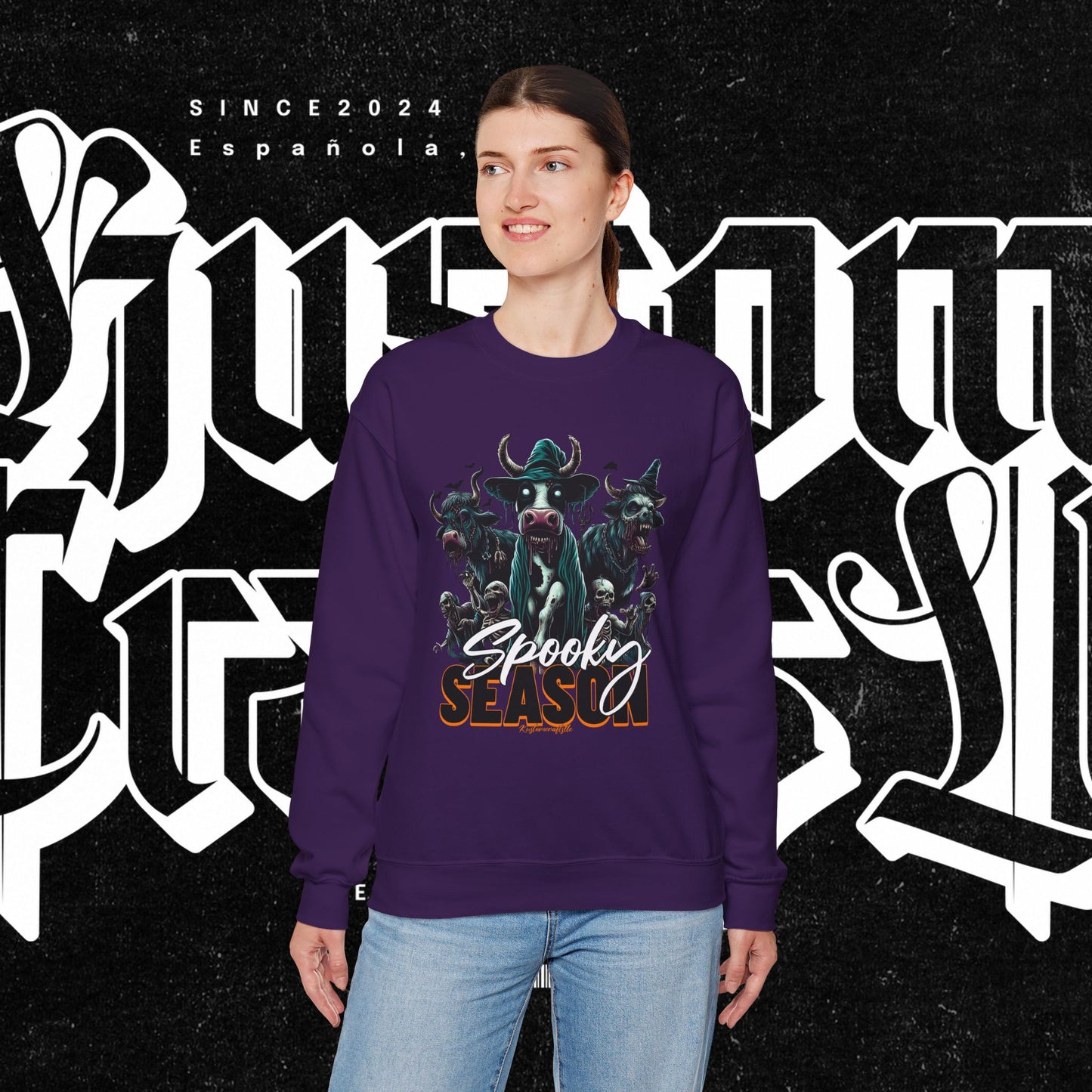 Spooky Cow Season Crewneck Sweatshirt, Halloween Apparel, Unisex Halloween Sweatshirt, Cozy Fall Fashion, Unique Gift Idea