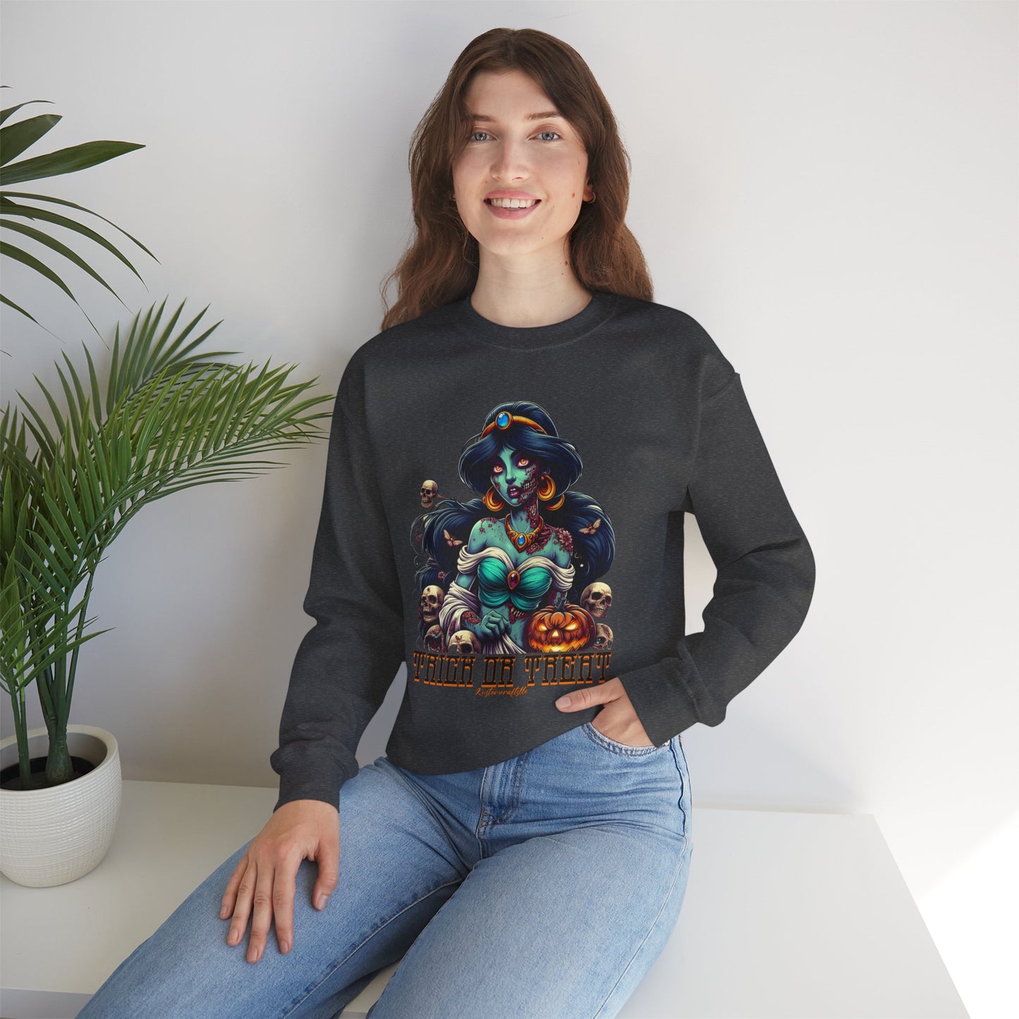 Spooky Vibes " Trick Or Treat" Crewneck Sweatshirt - Trick or Treat, Halloween Apparel, Unisex Sweatshirt, Cozy Fall Fashion, Gift for Her