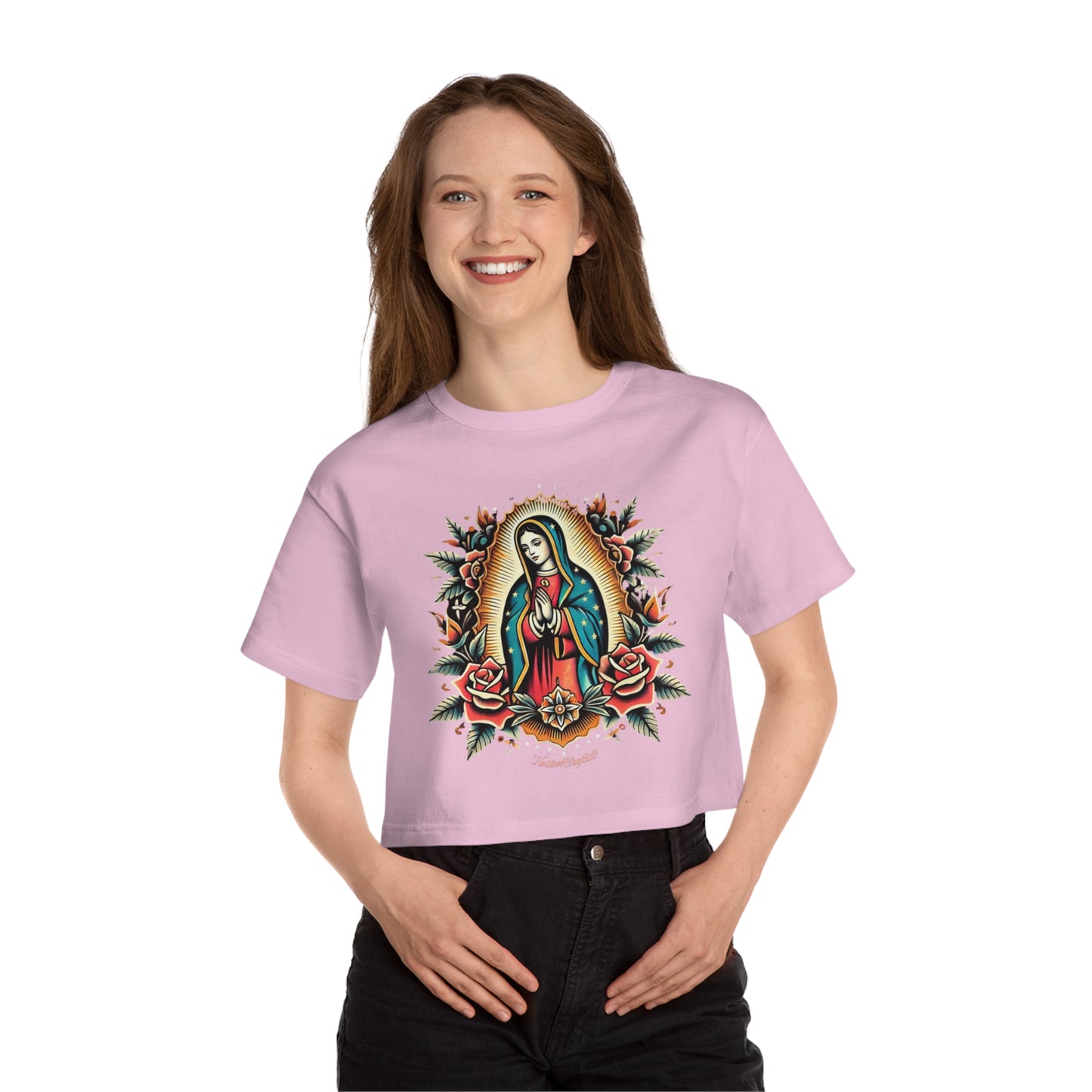 Cropped T-Shirt with Virgin Mary Design, Cute Graphic Tee, Spiritual Apparel, Casual Wear, Gift for Believers, Trendy Summer Top