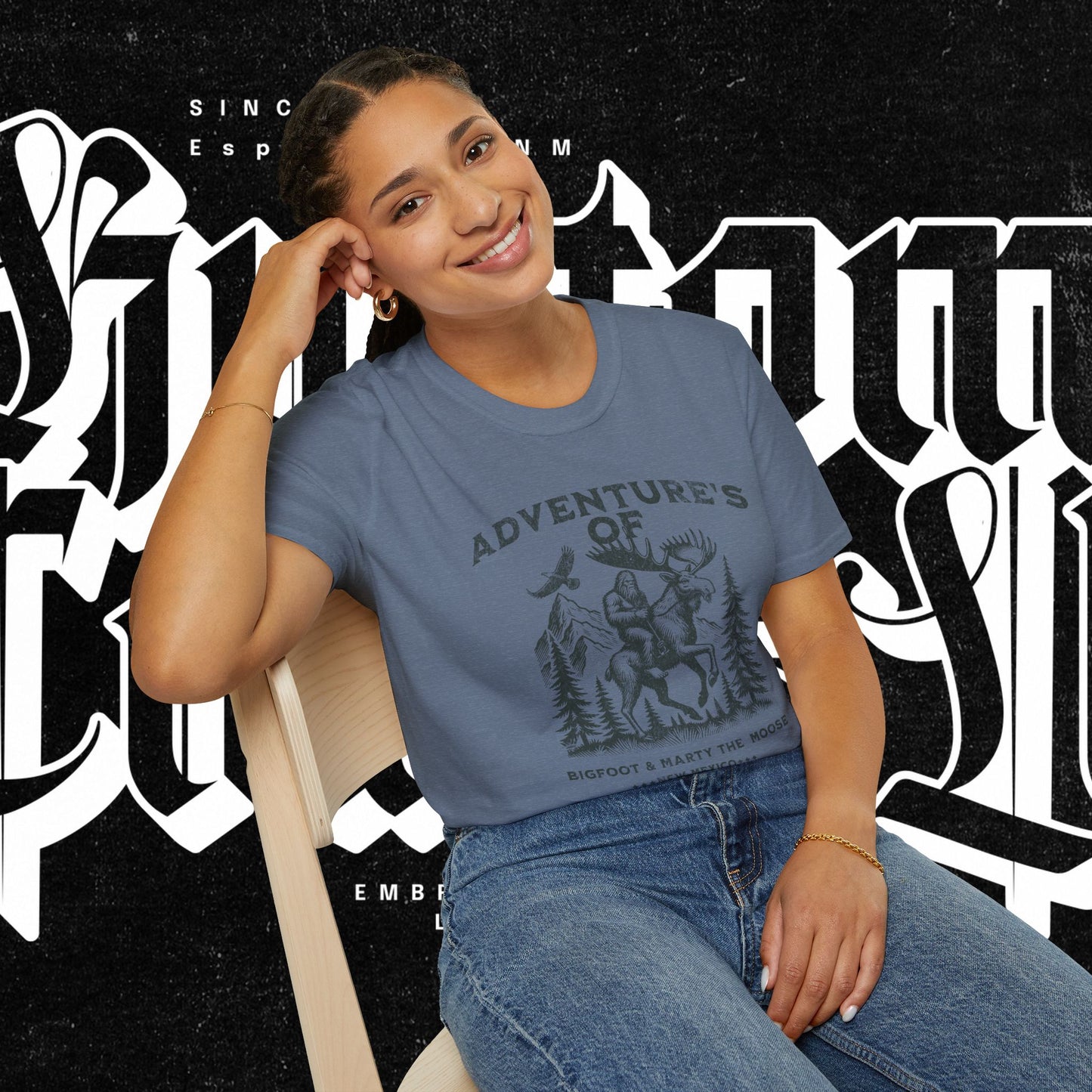 Adventure's of Bigfoot & Marty The Moose Unisex T-Shirt, Travel Tee, Outdoor Graphic Shirt, Nature Lover Gift, Moose Adventure Apparel