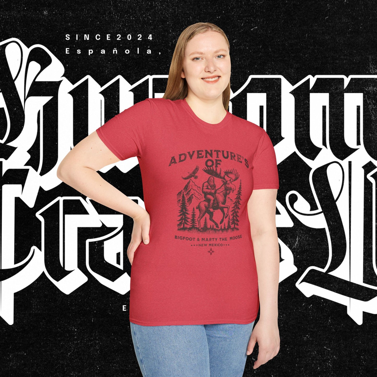 Adventure's of Bigfoot & Marty The Moose Unisex T-Shirt, Travel Tee, Outdoor Graphic Shirt, Nature Lover Gift, Moose Adventure Apparel