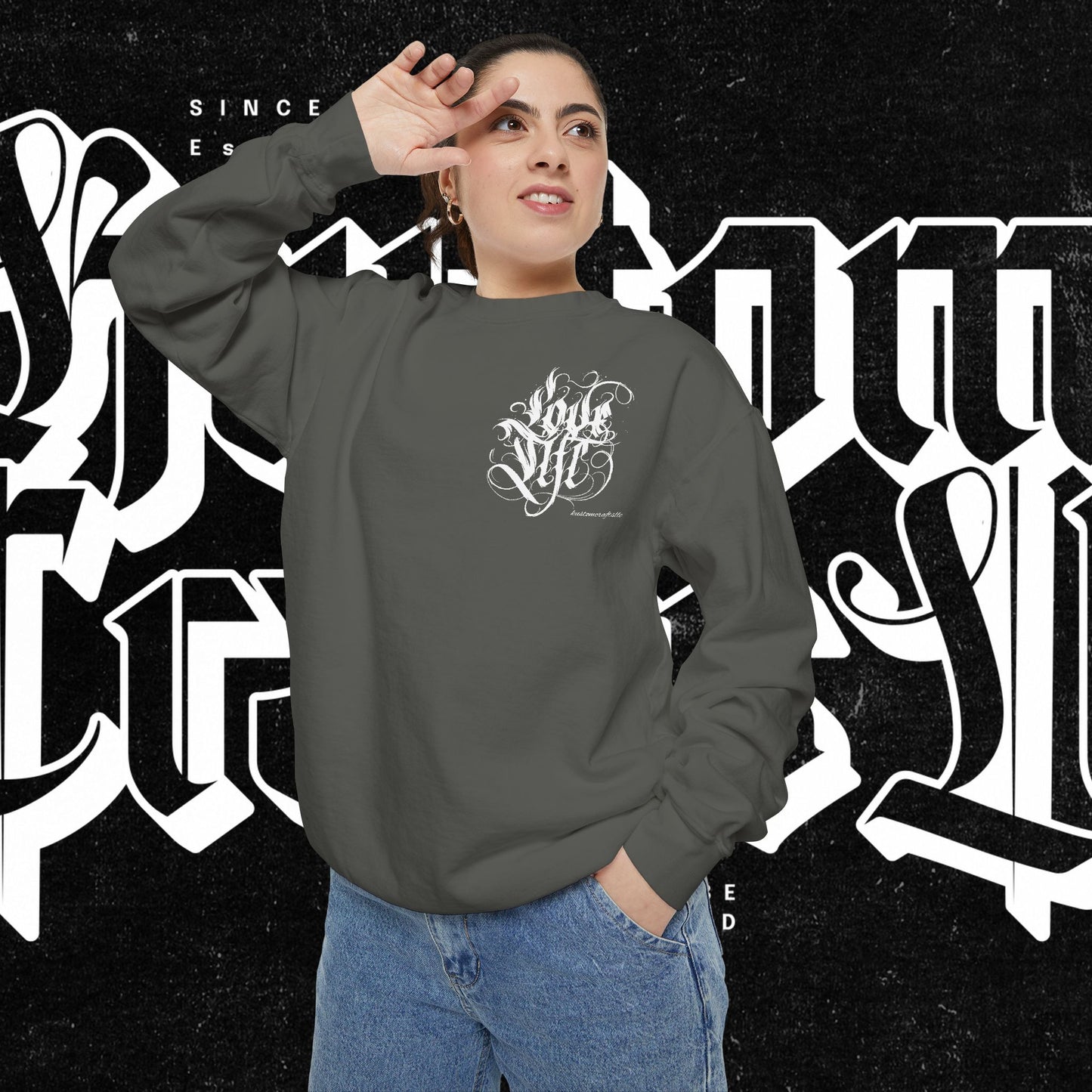 Love Life Graffiti Garment-Dyed Sweatshirt for Cozy Days, Unisex Comfortable Crewneck, Perfect Gift for Birthdays, Holidays, Casual Wear