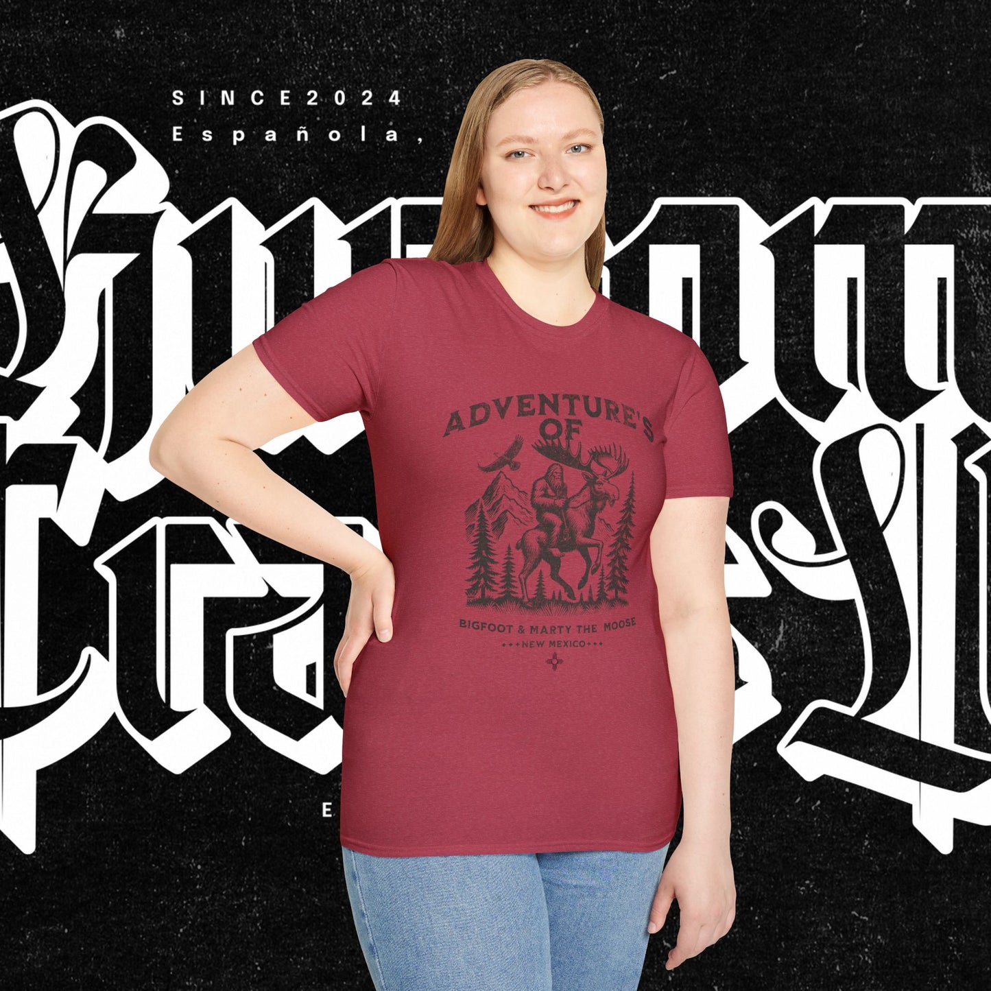 Adventure's of Bigfoot & Marty The Moose Unisex T-Shirt, Travel Tee, Outdoor Graphic Shirt, Nature Lover Gift, Moose Adventure Apparel