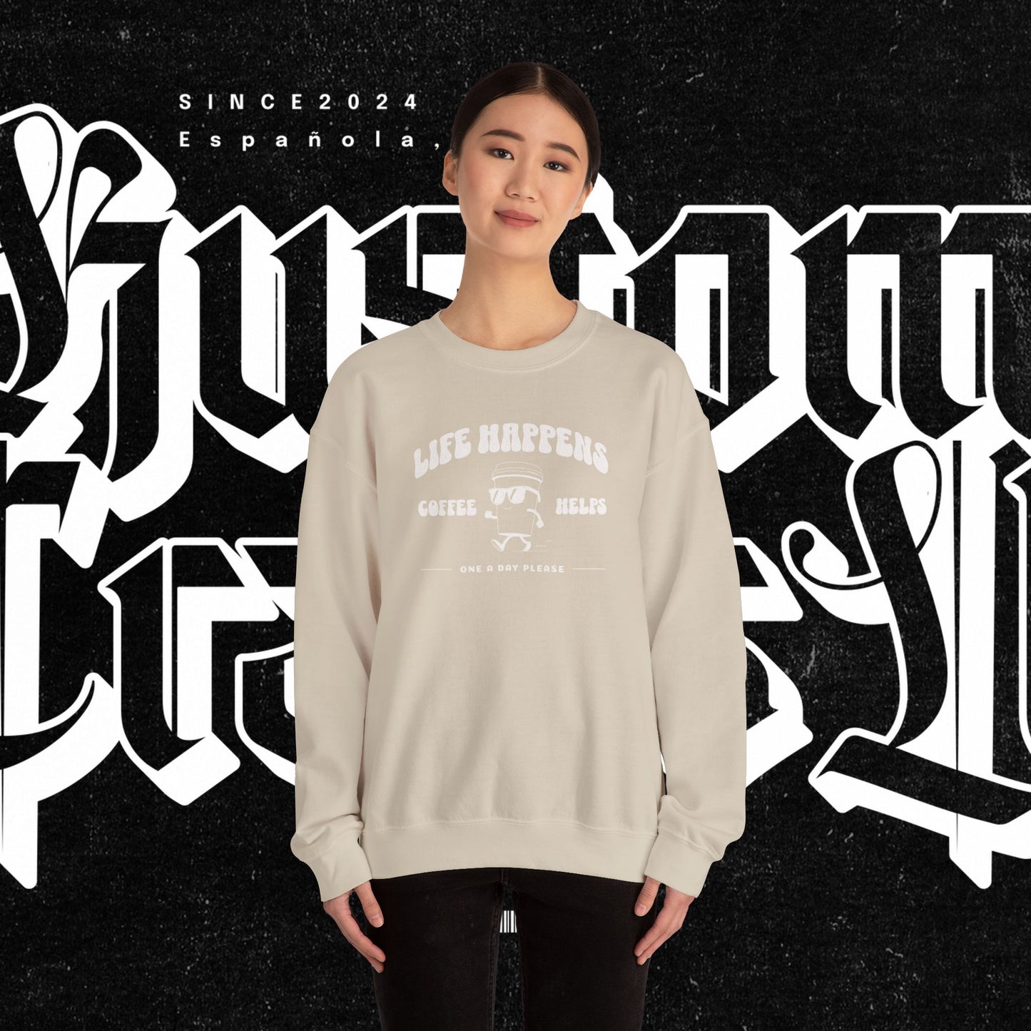 Life Happens Coffee Helps Sweatshirt, Funny Quote Jumper, Cozy Pullover, Gift for Coffee Lovers, Crew Neck Sweater, Comfy Shirt
