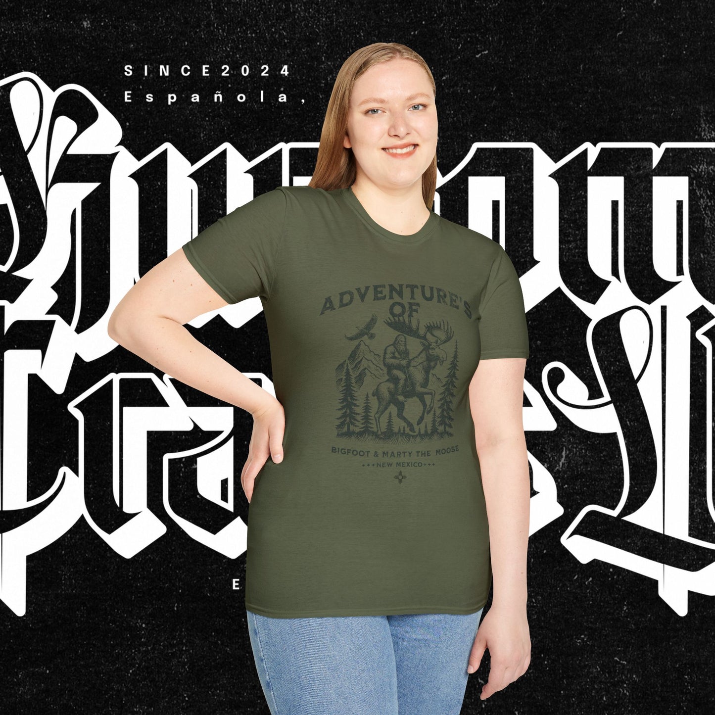 Adventure's of Bigfoot & Marty The Moose Unisex T-Shirt, Travel Tee, Outdoor Graphic Shirt, Nature Lover Gift, Moose Adventure Apparel