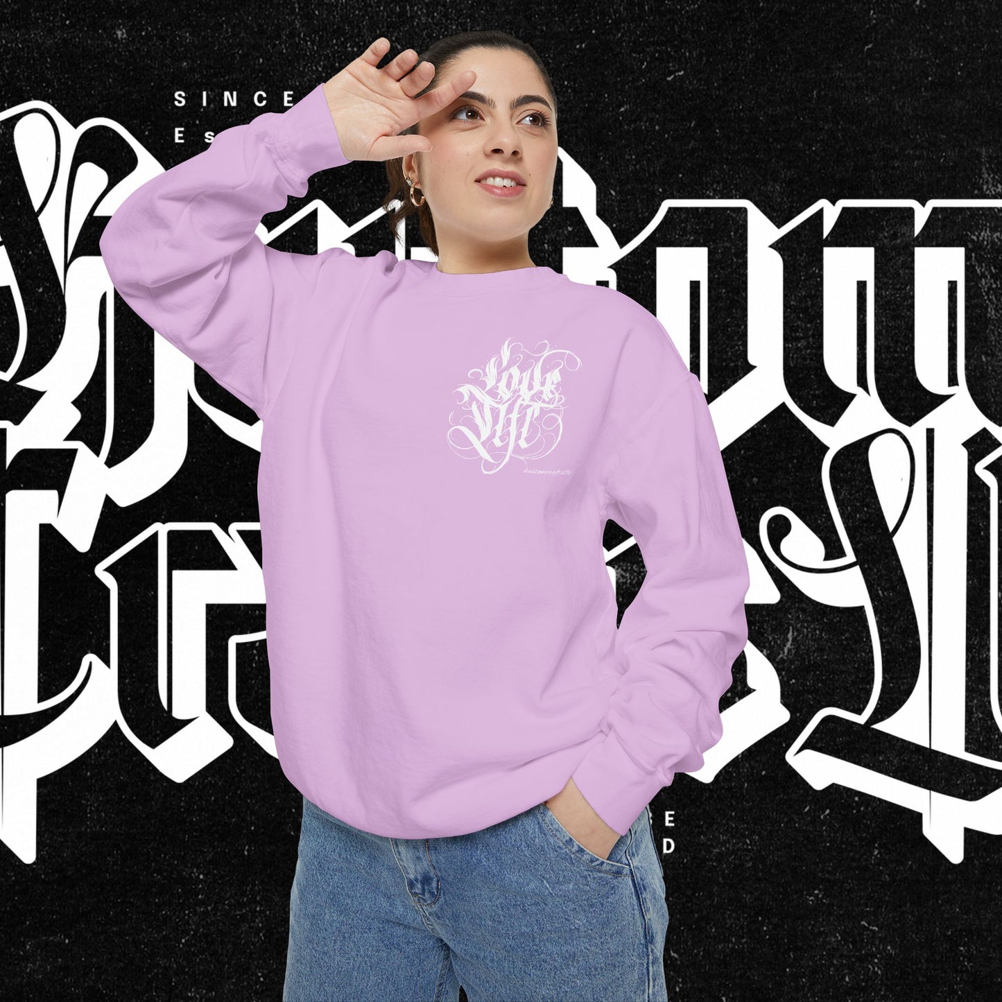Love Life Graffiti Garment-Dyed Sweatshirt for Cozy Days, Unisex Comfortable Crewneck, Perfect Gift for Birthdays, Holidays, Casual Wear