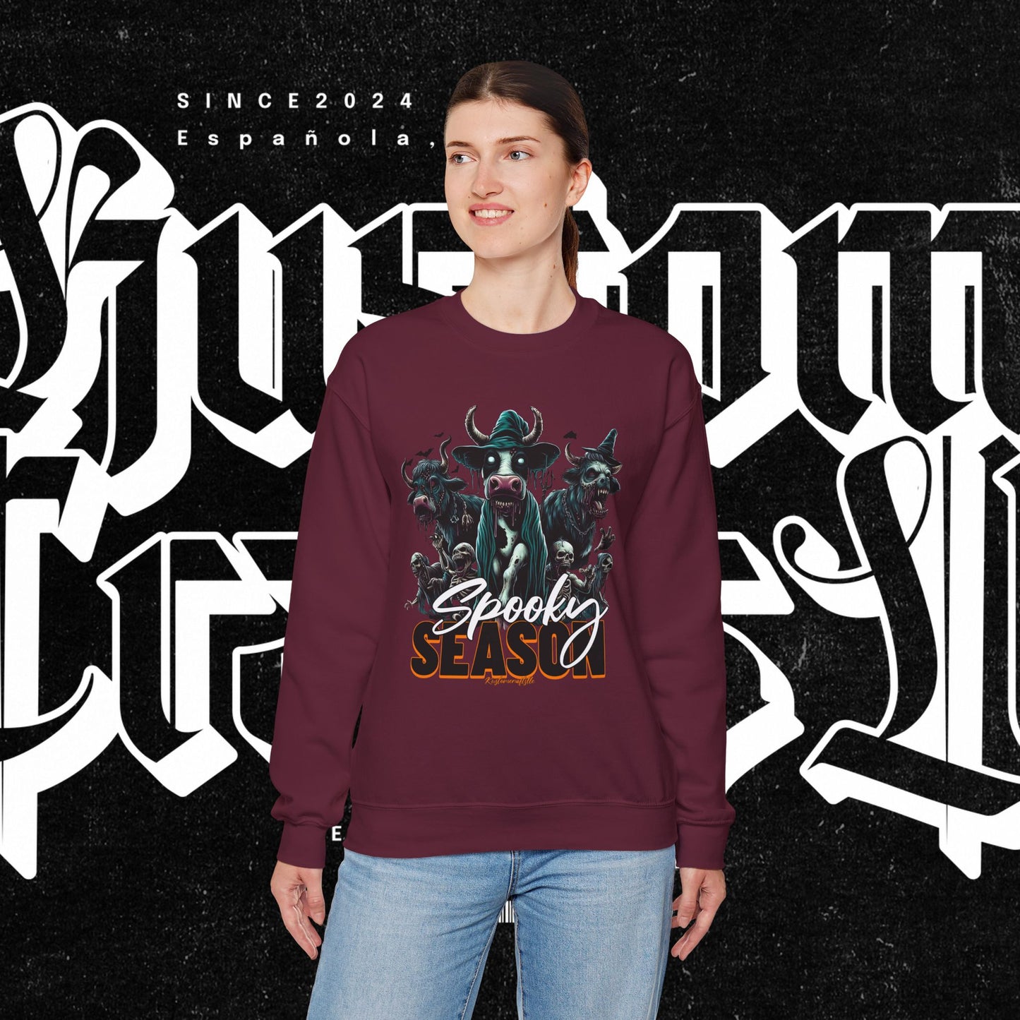Spooky Cow Season Crewneck Sweatshirt, Halloween Apparel, Unisex Halloween Sweatshirt, Cozy Fall Fashion, Unique Gift Idea