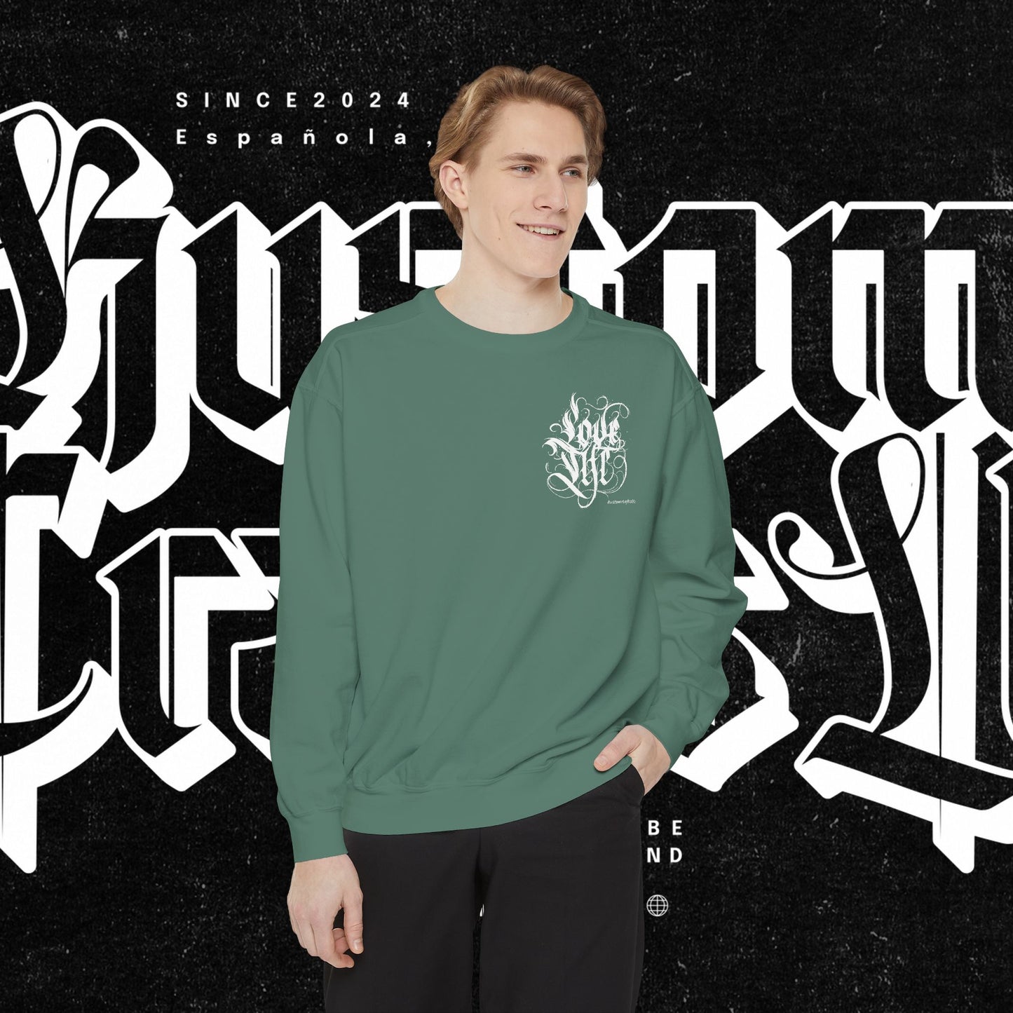 Love Life Graffiti Garment-Dyed Sweatshirt for Cozy Days, Unisex Comfortable Crewneck, Perfect Gift for Birthdays, Holidays, Casual Wear