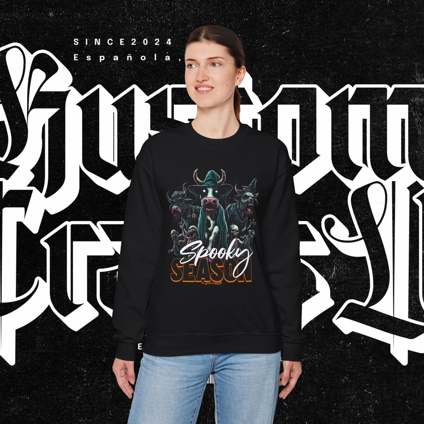 Spooky Cow Season Crewneck Sweatshirt, Halloween Apparel, Unisex Halloween Sweatshirt, Cozy Fall Fashion, Unique Gift Idea