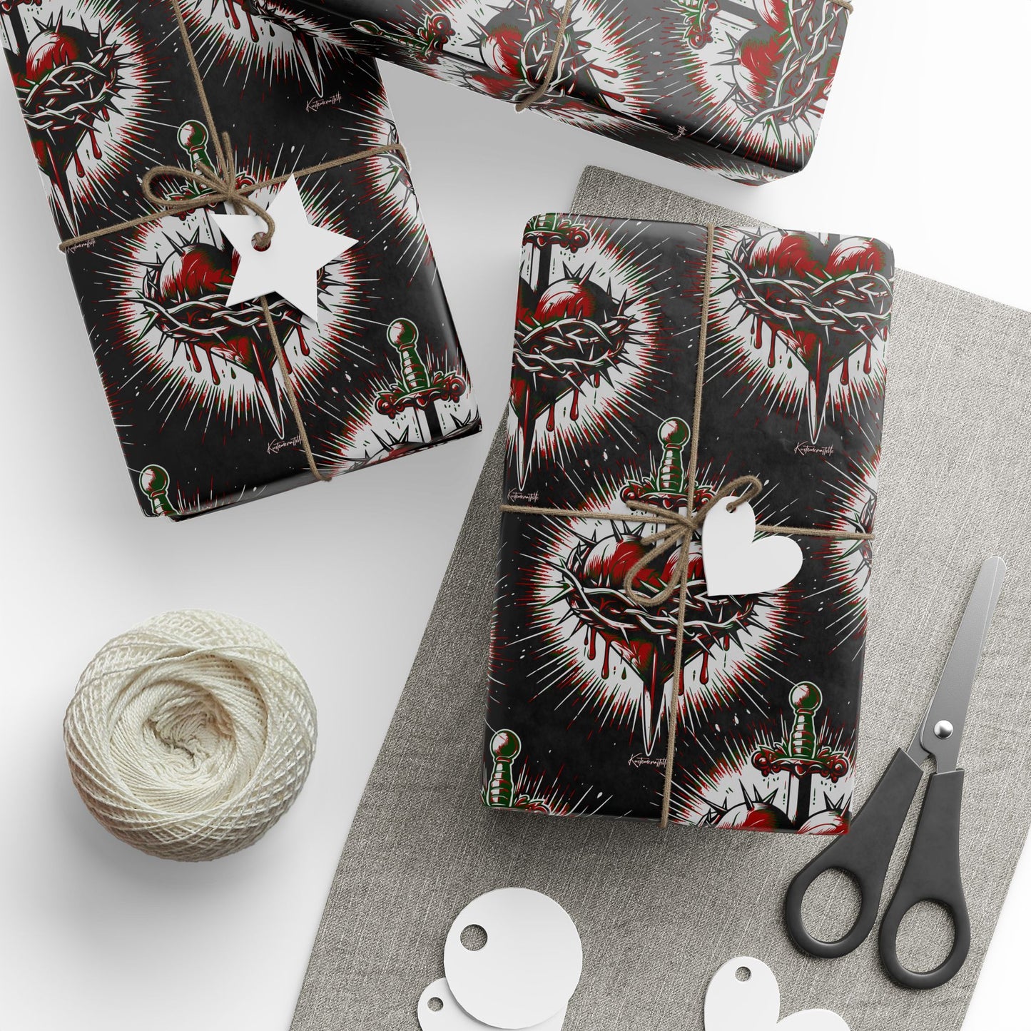 Sacred Heart Wrapping Papers, Gift Wrap Sheets, Black Background Design, Present Packaging, Religious Occasions