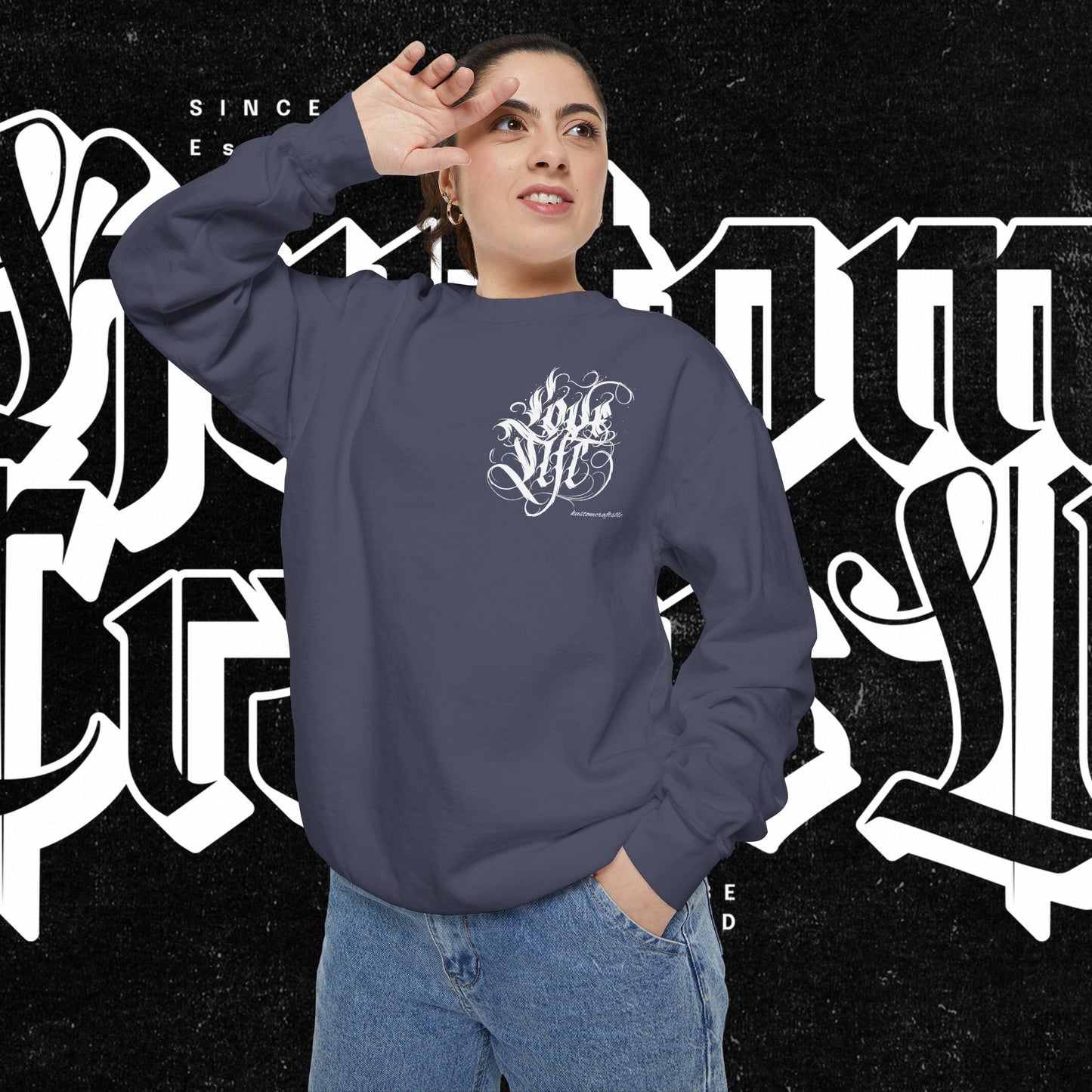 Love Life Graffiti Garment-Dyed Sweatshirt for Cozy Days, Unisex Comfortable Crewneck, Perfect Gift for Birthdays, Holidays, Casual Wear