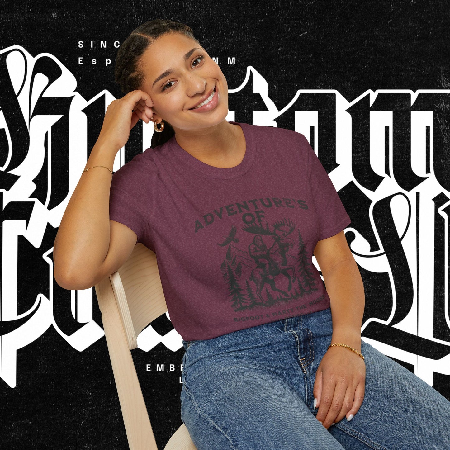 Adventure's of Bigfoot & Marty The Moose Unisex T-Shirt, Travel Tee, Outdoor Graphic Shirt, Nature Lover Gift, Moose Adventure Apparel