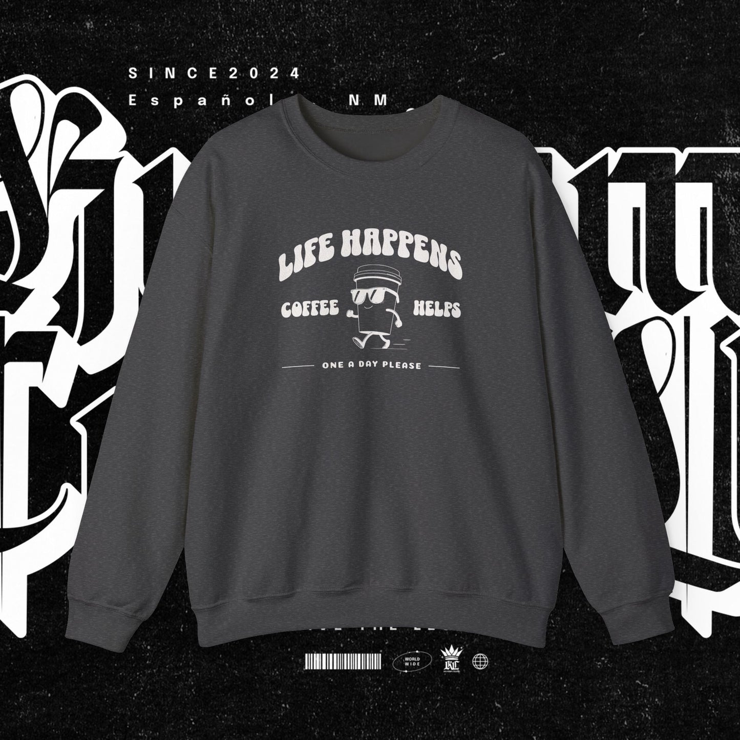 Life Happens Coffee Helps Sweatshirt, Funny Quote Jumper, Cozy Pullover, Gift for Coffee Lovers, Crew Neck Sweater, Comfy Shirt