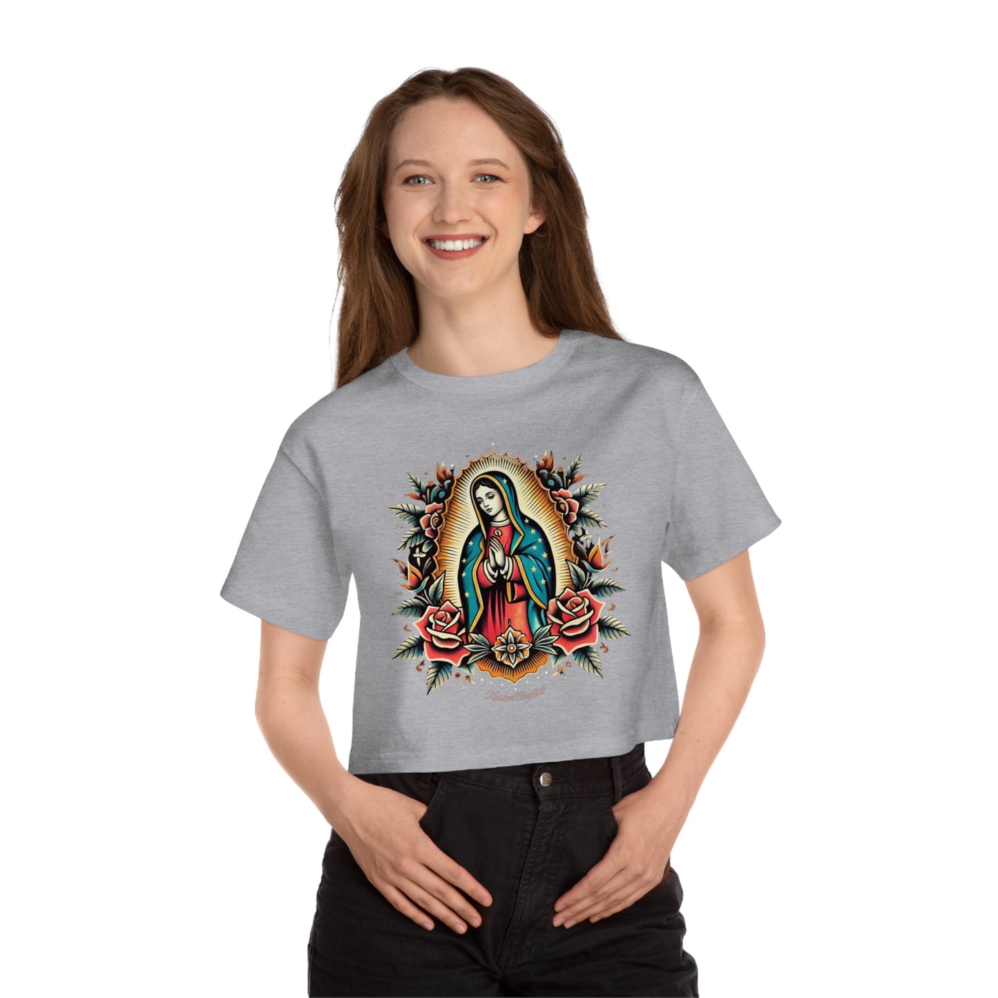 Cropped T-Shirt with Virgin Mary Design, Cute Graphic Tee, Spiritual Apparel, Casual Wear, Gift for Believers, Trendy Summer Top