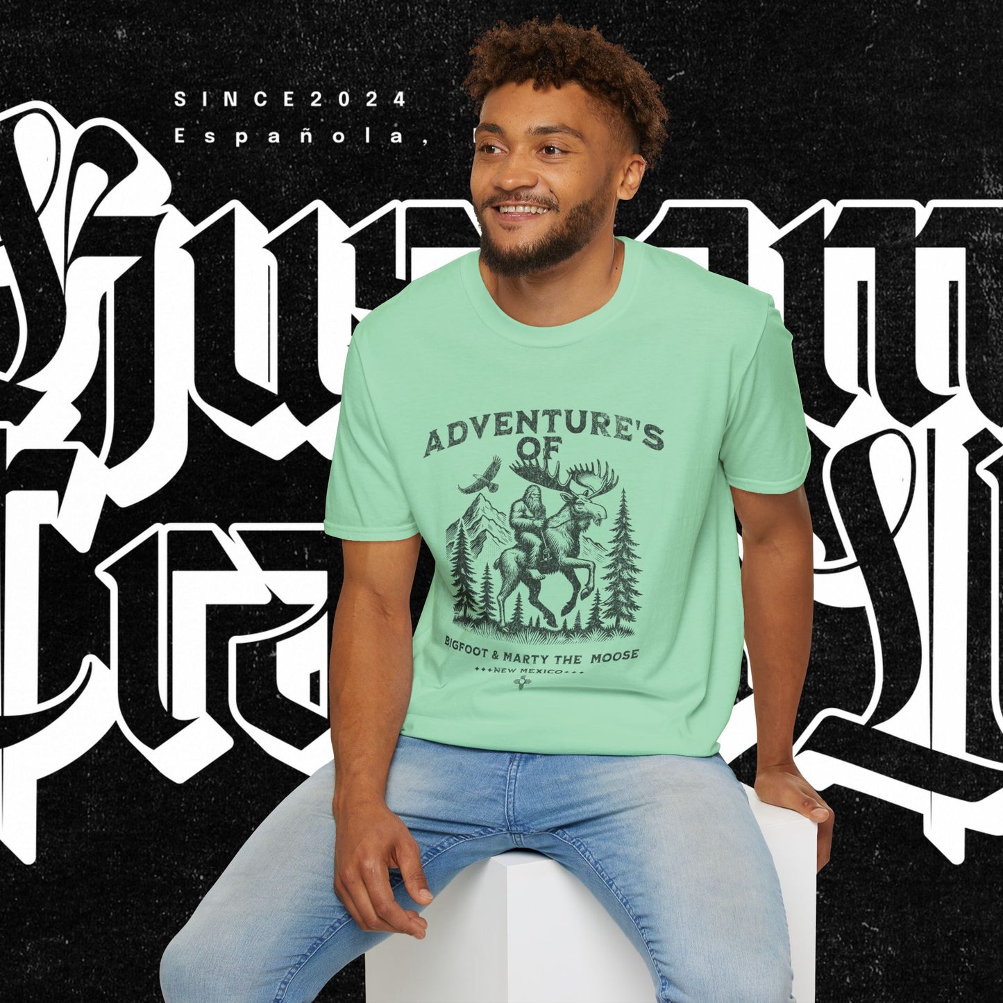 Adventure's of Bigfoot & Marty The Moose Unisex T-Shirt, Travel Tee, Outdoor Graphic Shirt, Nature Lover Gift, Moose Adventure Apparel