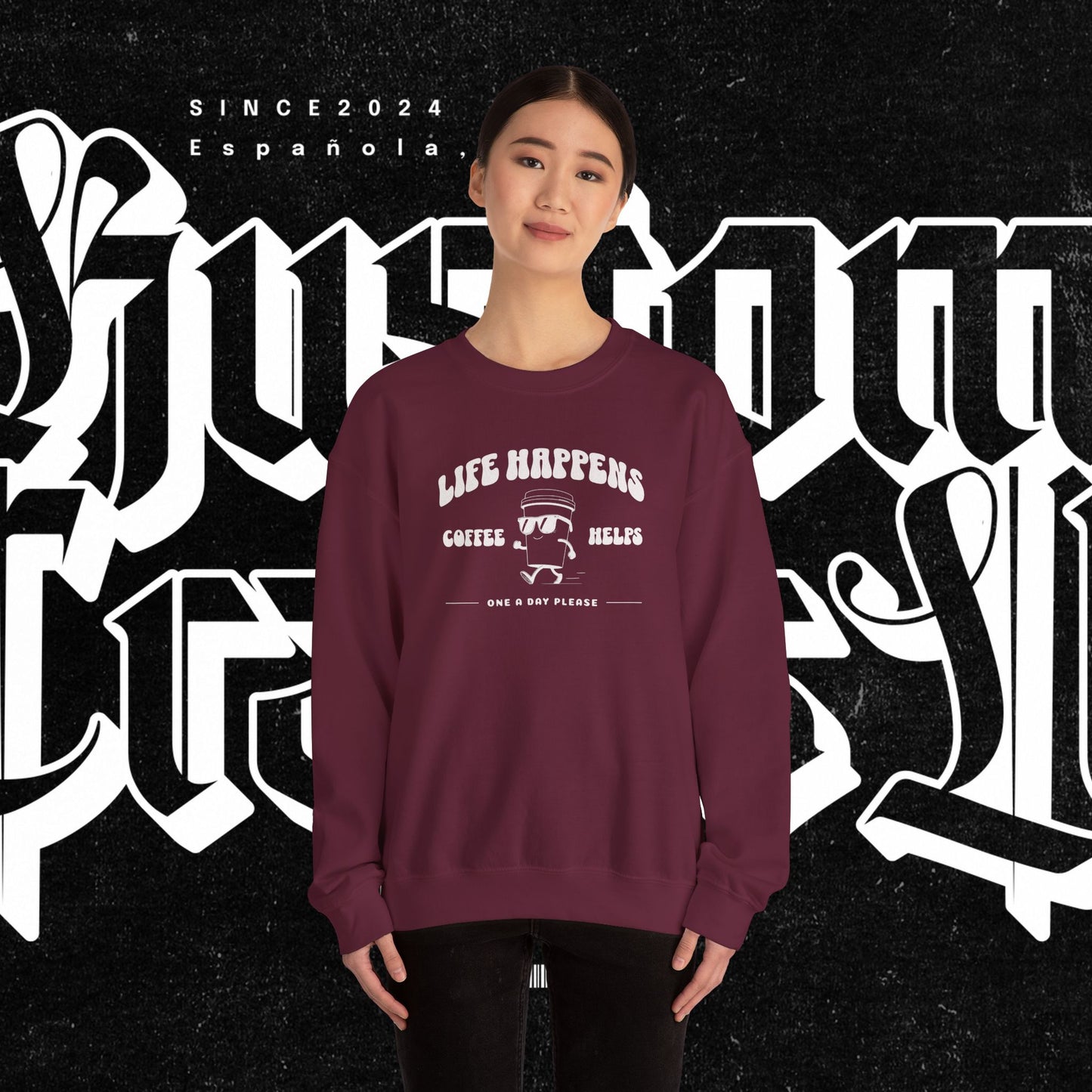 Life Happens Coffee Helps Sweatshirt, Funny Quote Jumper, Cozy Pullover, Gift for Coffee Lovers, Crew Neck Sweater, Comfy Shirt