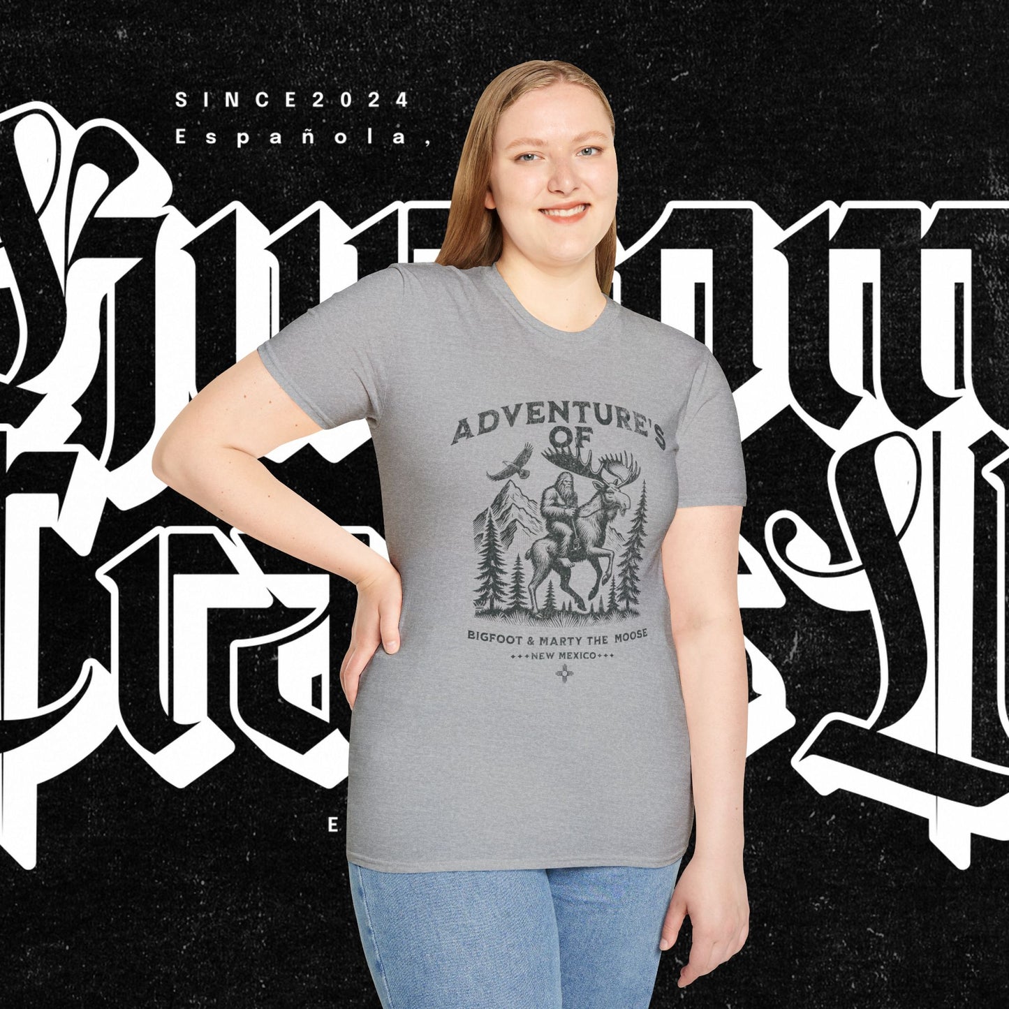 Adventure's of Bigfoot & Marty The Moose Unisex T-Shirt, Travel Tee, Outdoor Graphic Shirt, Nature Lover Gift, Moose Adventure Apparel