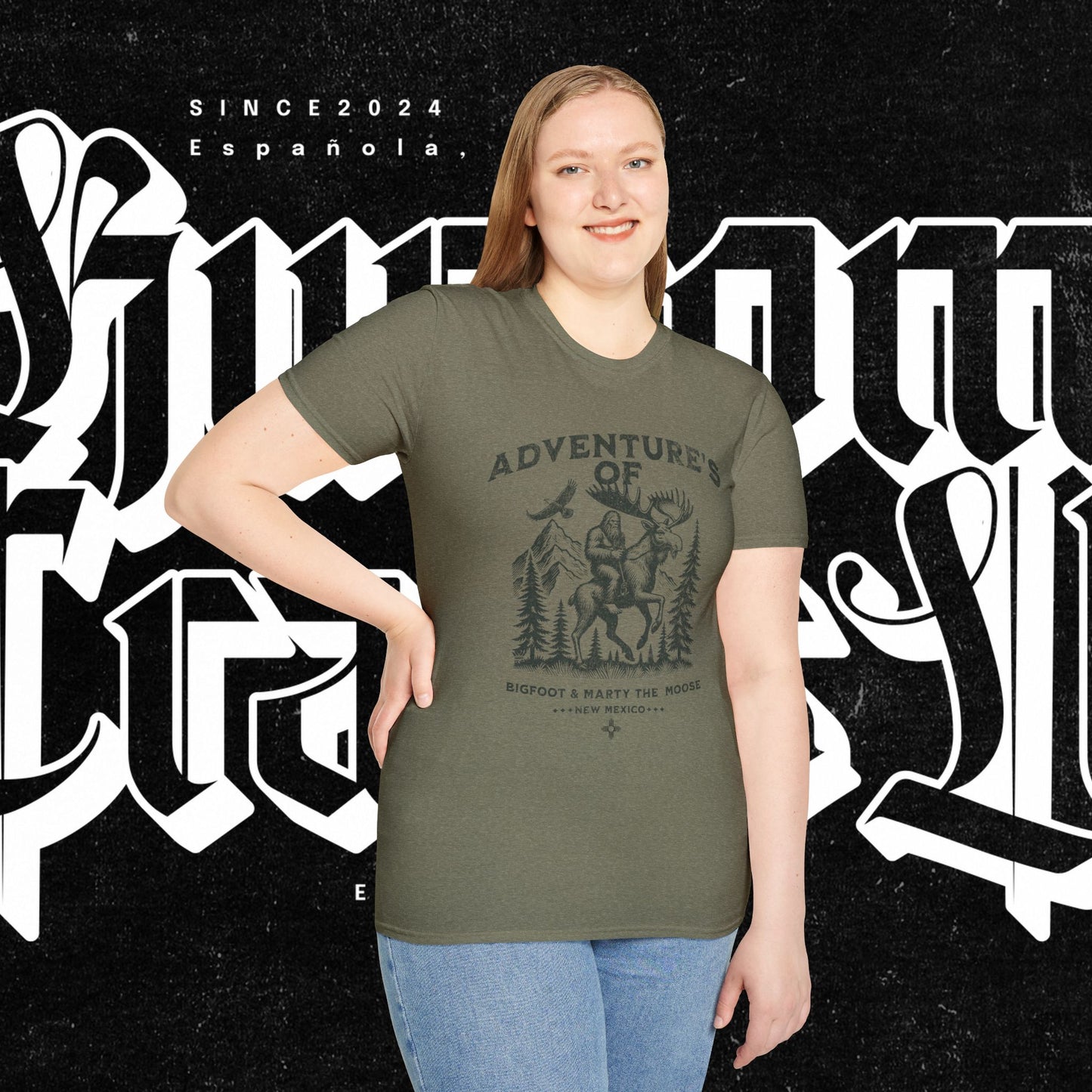 Adventure's of Bigfoot & Marty The Moose Unisex T-Shirt, Travel Tee, Outdoor Graphic Shirt, Nature Lover Gift, Moose Adventure Apparel