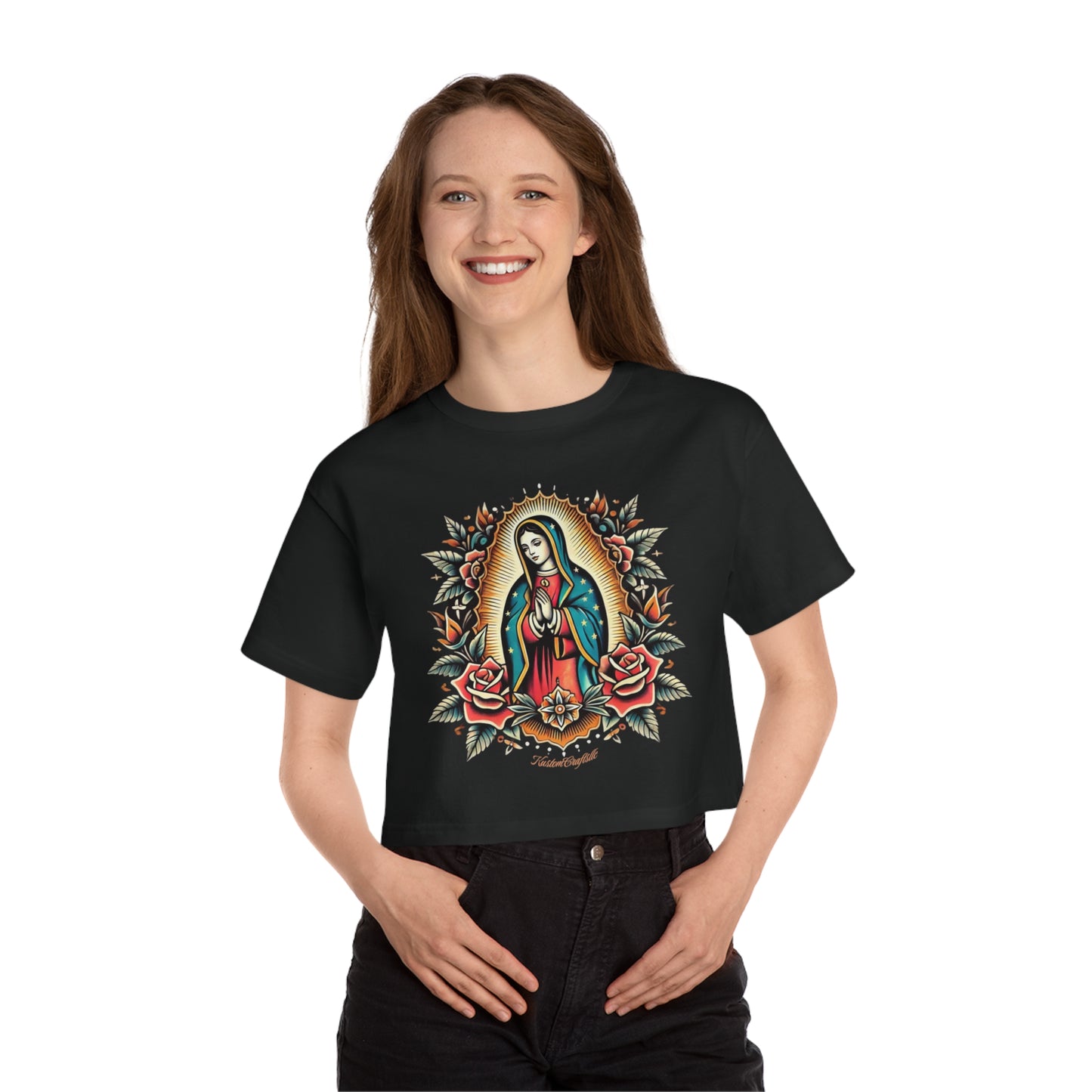 Cropped T-Shirt with Virgin Mary Design, Cute Graphic Tee, Spiritual Apparel, Casual Wear, Gift for Believers, Trendy Summer Top