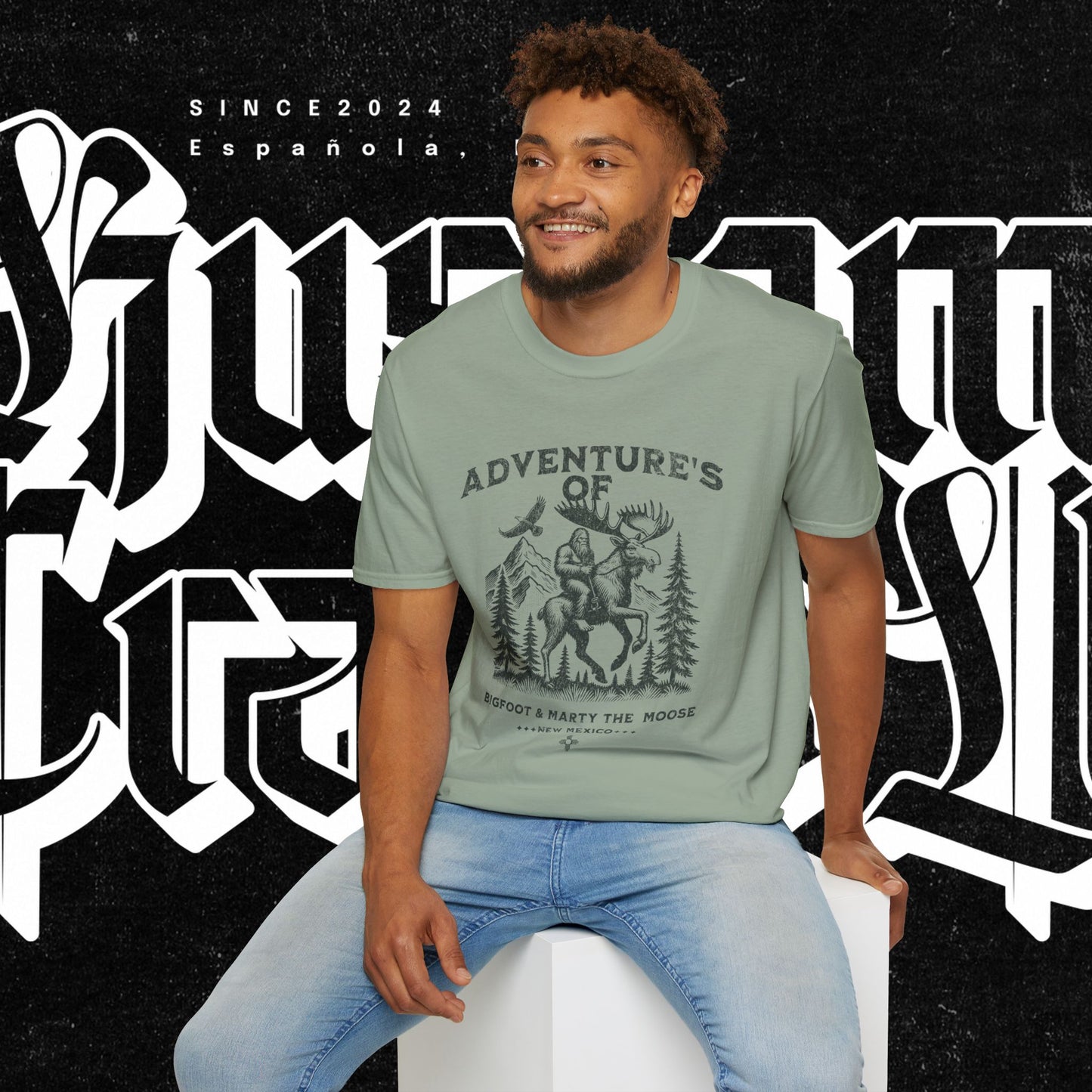 Adventure's of Bigfoot & Marty The Moose Unisex T-Shirt, Travel Tee, Outdoor Graphic Shirt, Nature Lover Gift, Moose Adventure Apparel