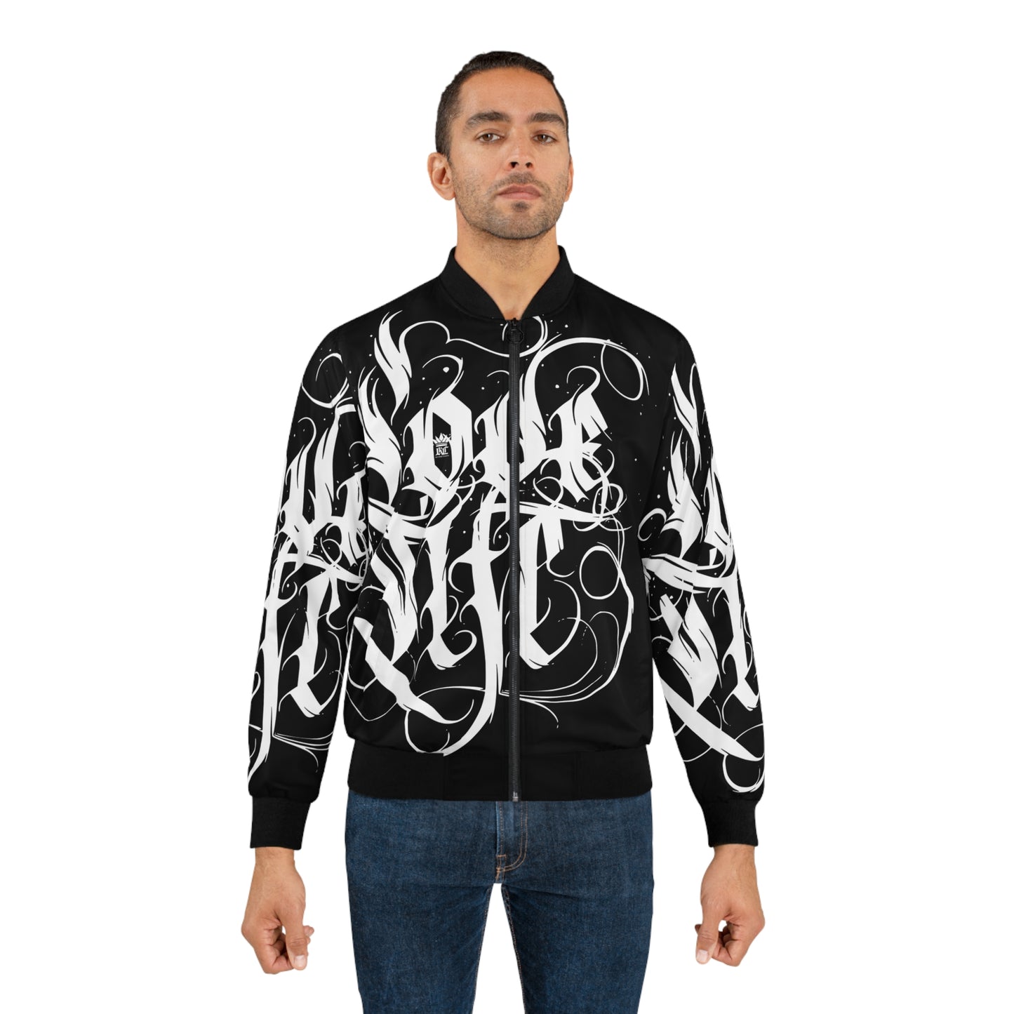 Bomber Jacket, Street Style "Love Life" Graffiti Urban Fashion Outerwear, Trendy Black Jacket, Graphic Print Gift, Valentine's Style Wear, Unisex Apparel