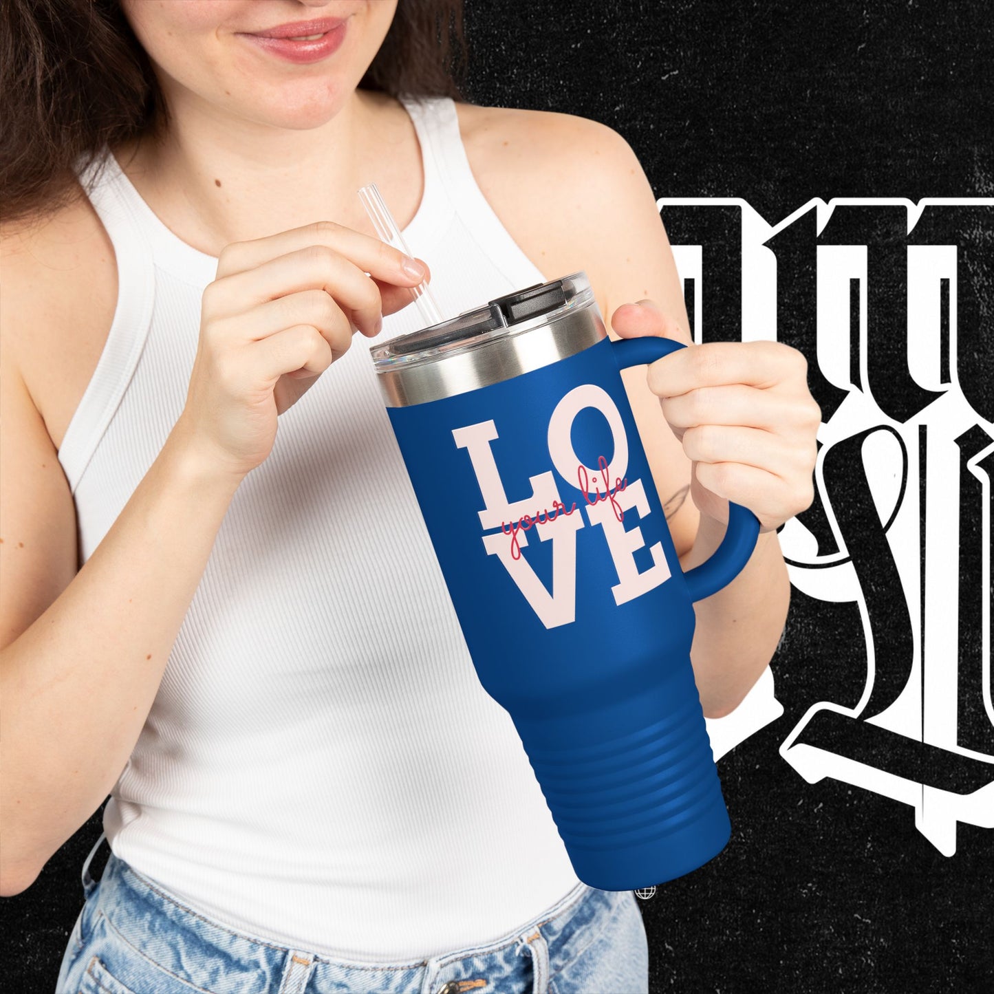 Love Your Life Insulated Travel Mug, 40oz - Motivational Coffee Cup for Commuters, Inspirational Tea Tumbler, Positive Energy Drinkware,