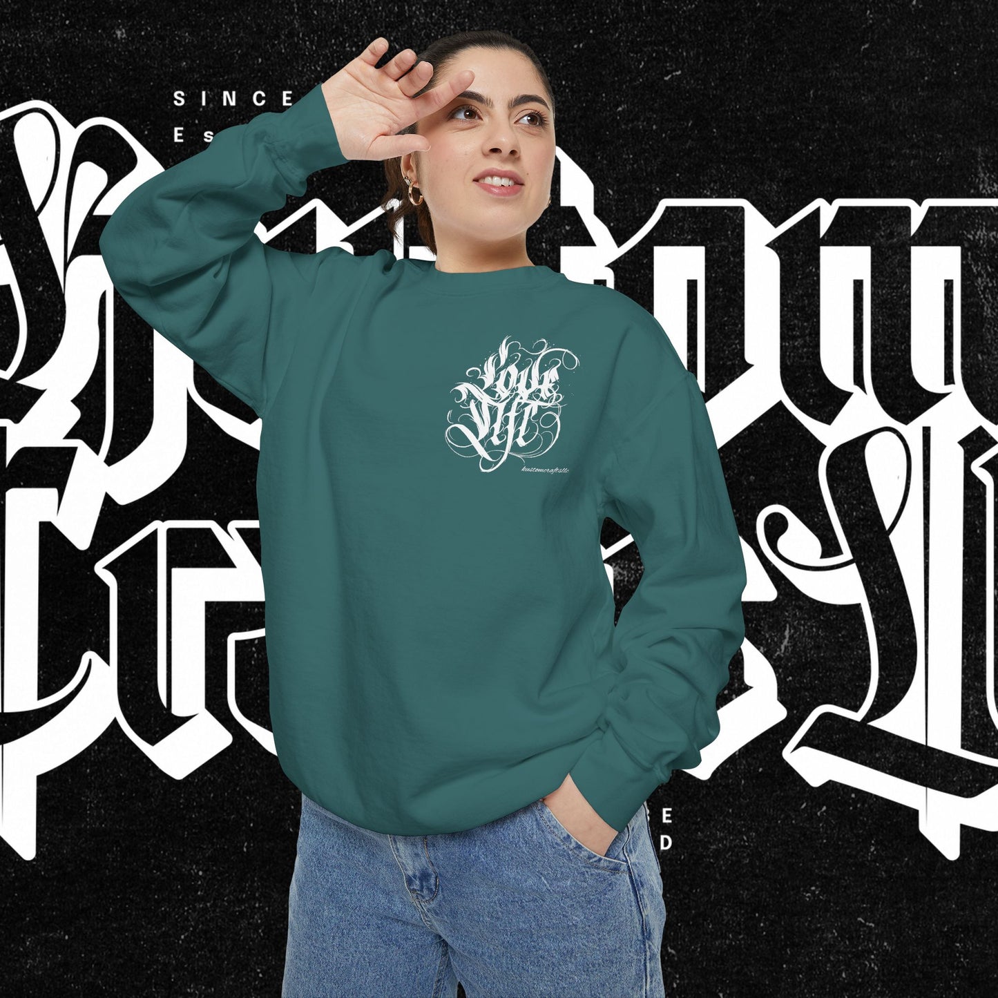 Love Life Graffiti Garment-Dyed Sweatshirt for Cozy Days, Unisex Comfortable Crewneck, Perfect Gift for Birthdays, Holidays, Casual Wear