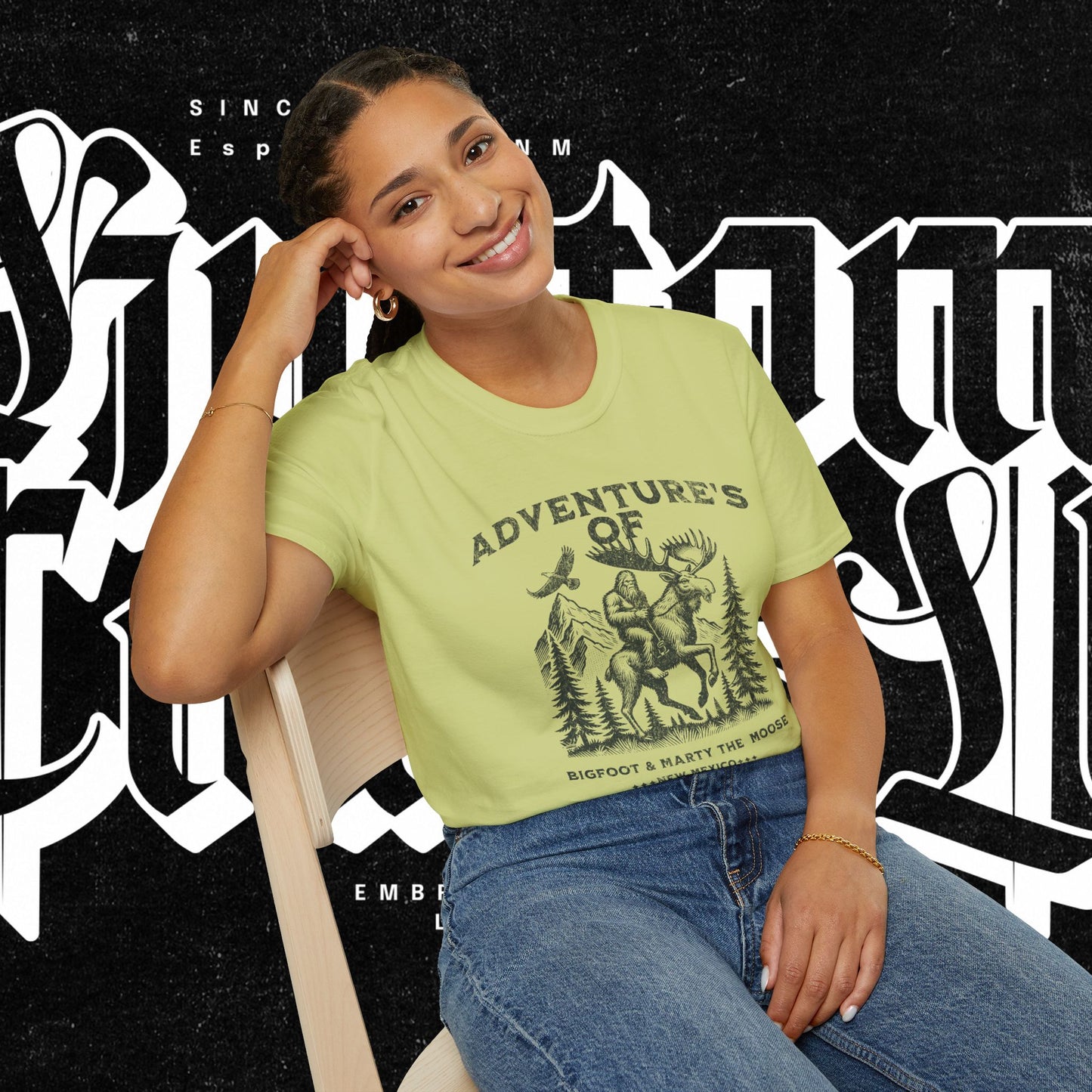 Adventure's of Bigfoot & Marty The Moose Unisex T-Shirt, Travel Tee, Outdoor Graphic Shirt, Nature Lover Gift, Moose Adventure Apparel