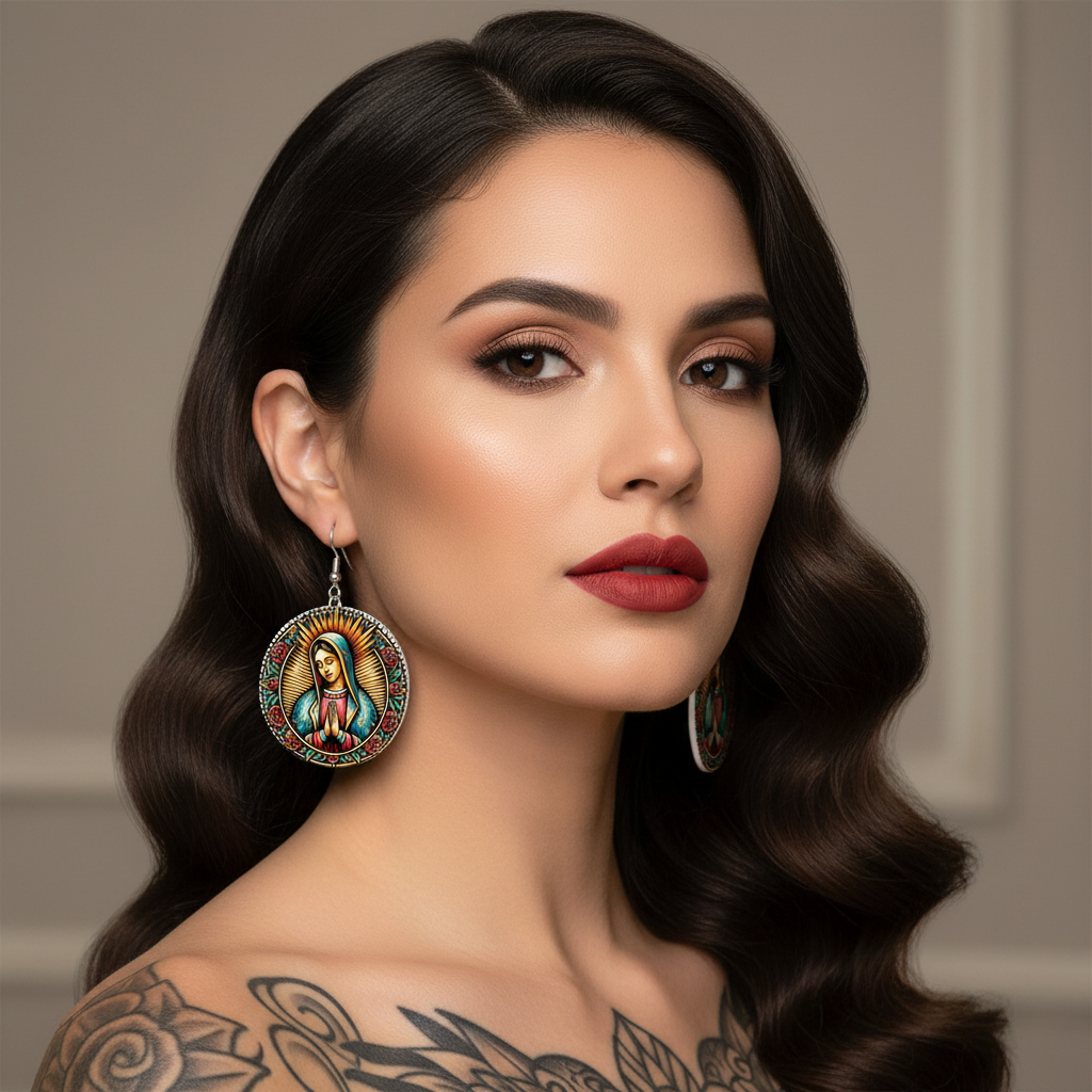 Virgin Mary - Leather Round Earrings