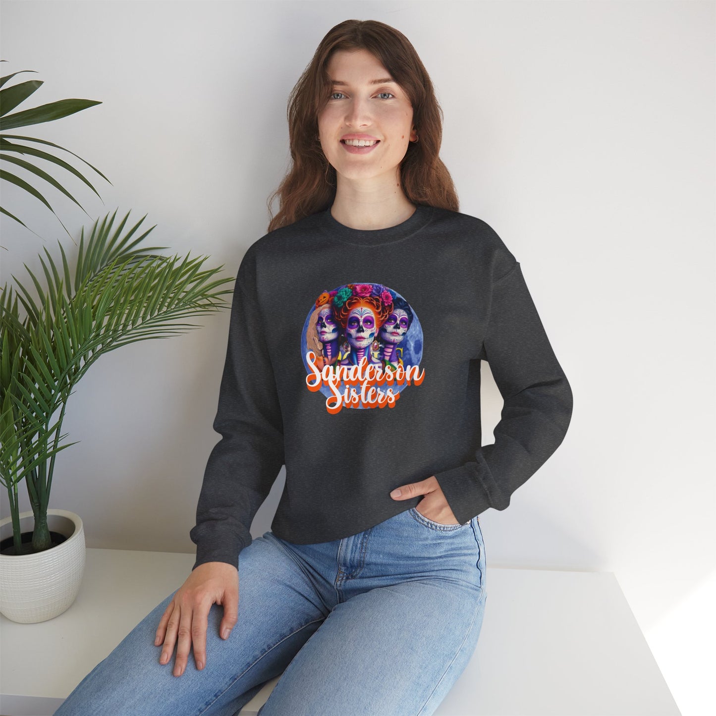 Sanderson Sisters Day of the Dead Crewneck Sweatshirt, Cozy Sweatshirt for Fall, Halloween Outfit, Gift for Sister, Skull Art Apparel