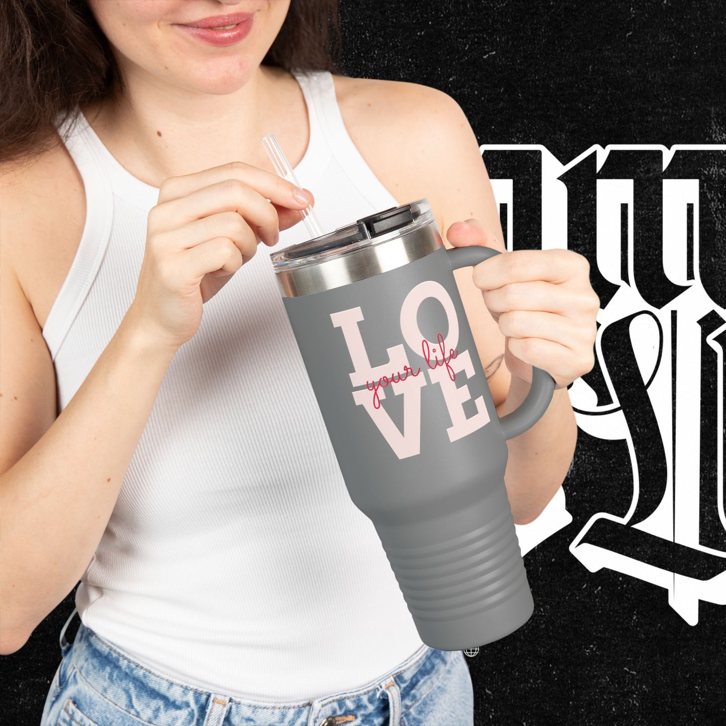 Love Your Life Insulated Travel Mug, 40oz - Motivational Coffee Cup for Commuters, Inspirational Tea Tumbler, Positive Energy Drinkware,