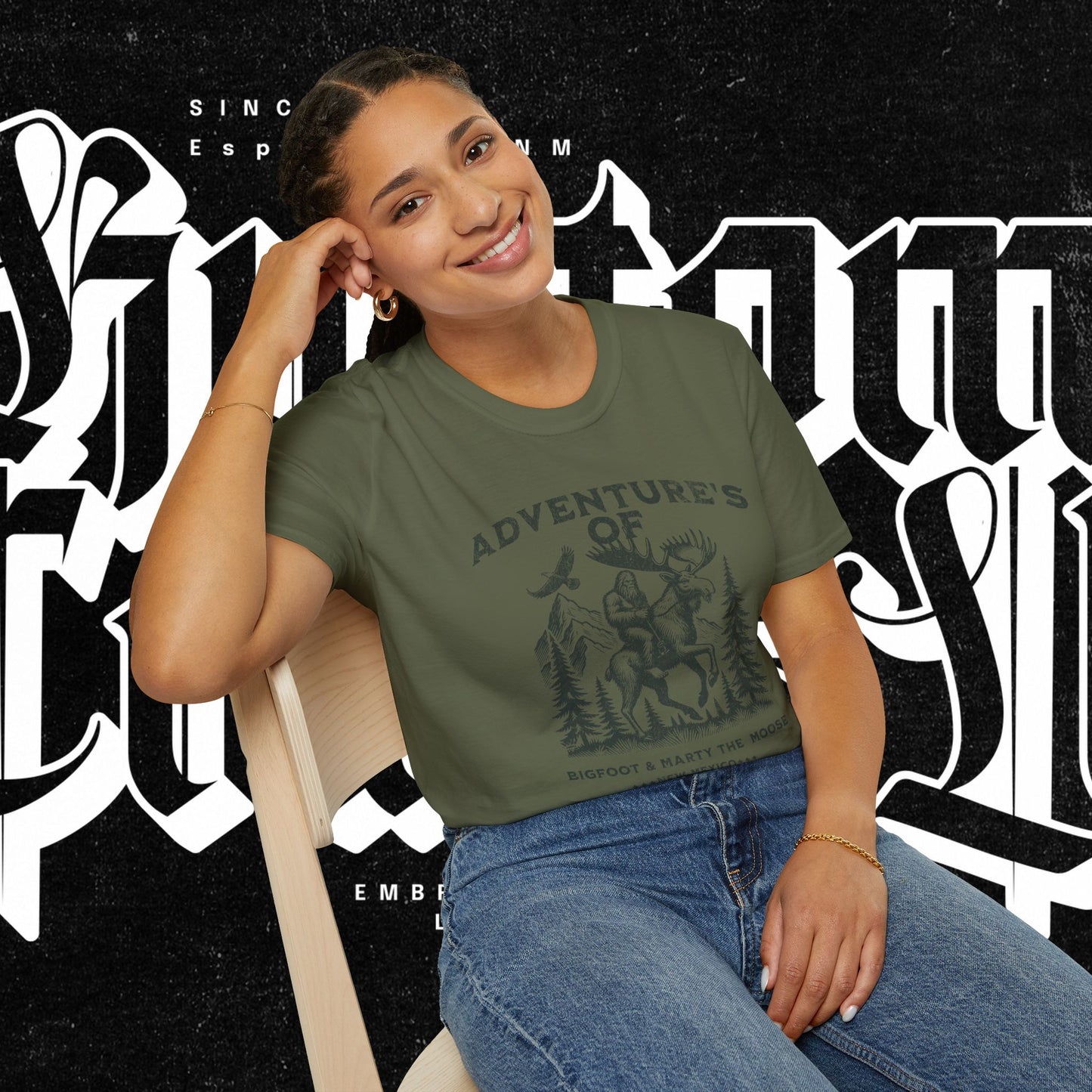 Adventure's of Bigfoot & Marty The Moose Unisex T-Shirt, Travel Tee, Outdoor Graphic Shirt, Nature Lover Gift, Moose Adventure Apparel